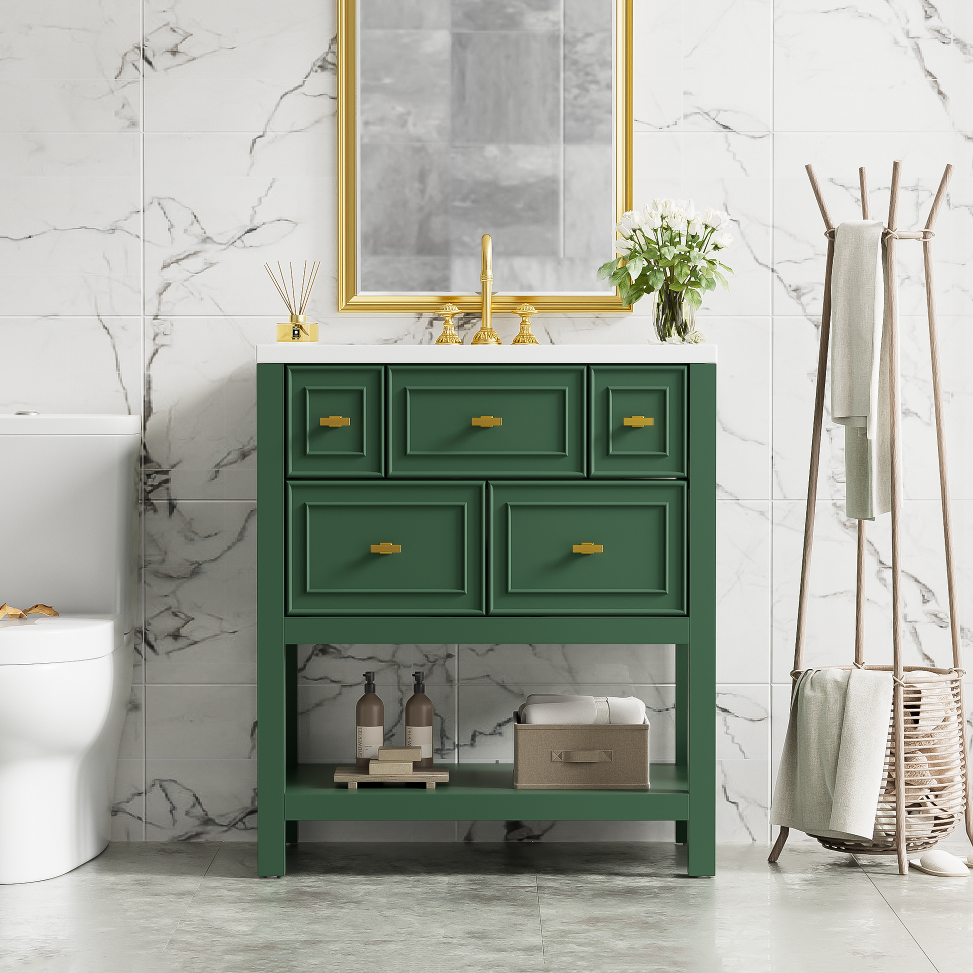 30'' Bathroom Vanity With Resin Sink Combo, Free Standing Single Vanity Set With 5 Drawers, Solid Wood Frame Bathroom Storage Cabinet, Green 4 Green 1 Bathroom Freestanding Modern Solid Wood Mdf Resin Painted