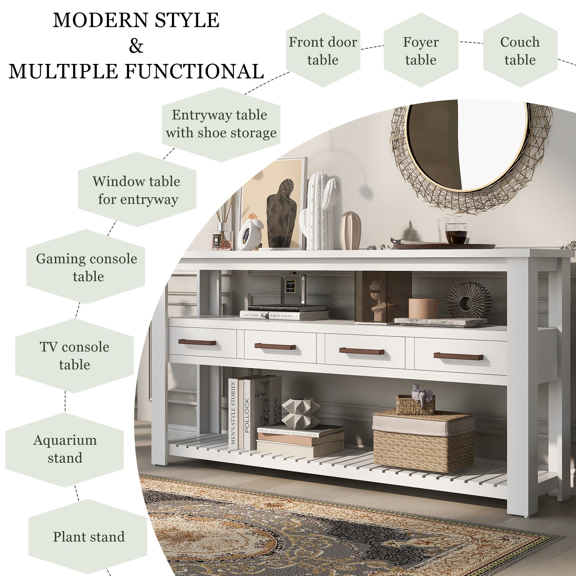 62.2'' Modern Console Table Sofa Table For Living Room With 4 Drawers And 2 Shelves White Solid Wood Mdf