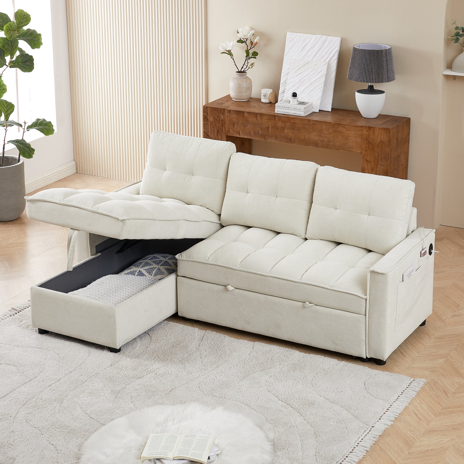 Mh 78.75" Reclining Sofa, Pull Out Sofa Bed With Usb And Tape C Charging Ports, L Shaped Sectional Sofa With Reclining Storage And Arm Side Organizer Pocket Features, Living Room Comfort Sofa Beige Chenille Wood Primary Living Space Eucalyptus Foam