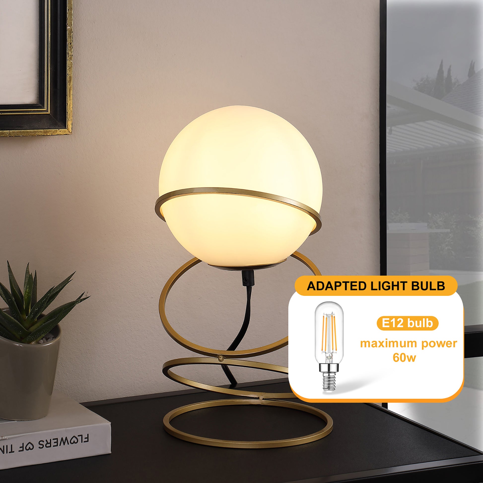 13.5" H Glass Globe Matte Gold Spiral 4 Ring Metal Stand Table Lamp For Living Room, Nightstand Bedside Table Lamp For Bedroom, Led Lamp Gold White Glass Metal