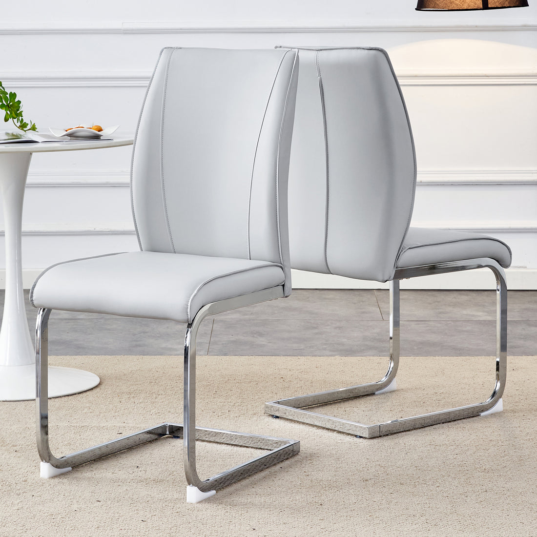 Luxury Simple Arch Chair Set Of 2 Light Gray Pu Material High Resilience Dining Chair With Arched Metal Silver Leg. Light Gray,Silver Set Of 2 Metal,Pu