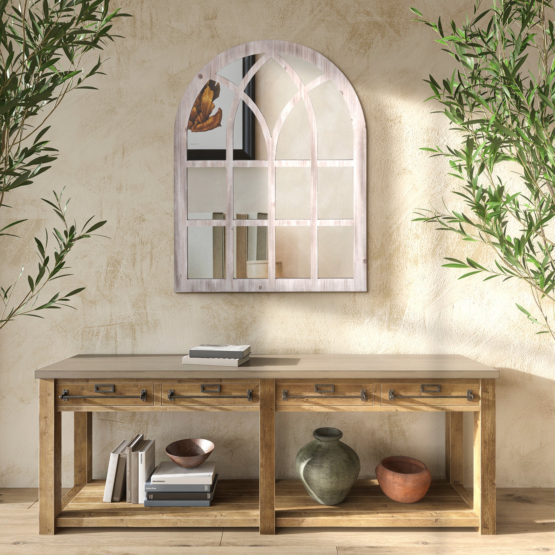 Homcom 41" X 31.5" Large Rustic Wall Mirror, Arch Window Mirror For Wall Decor In Living Room, Bedroom, Entryway, Natural Natural Wood Mdf