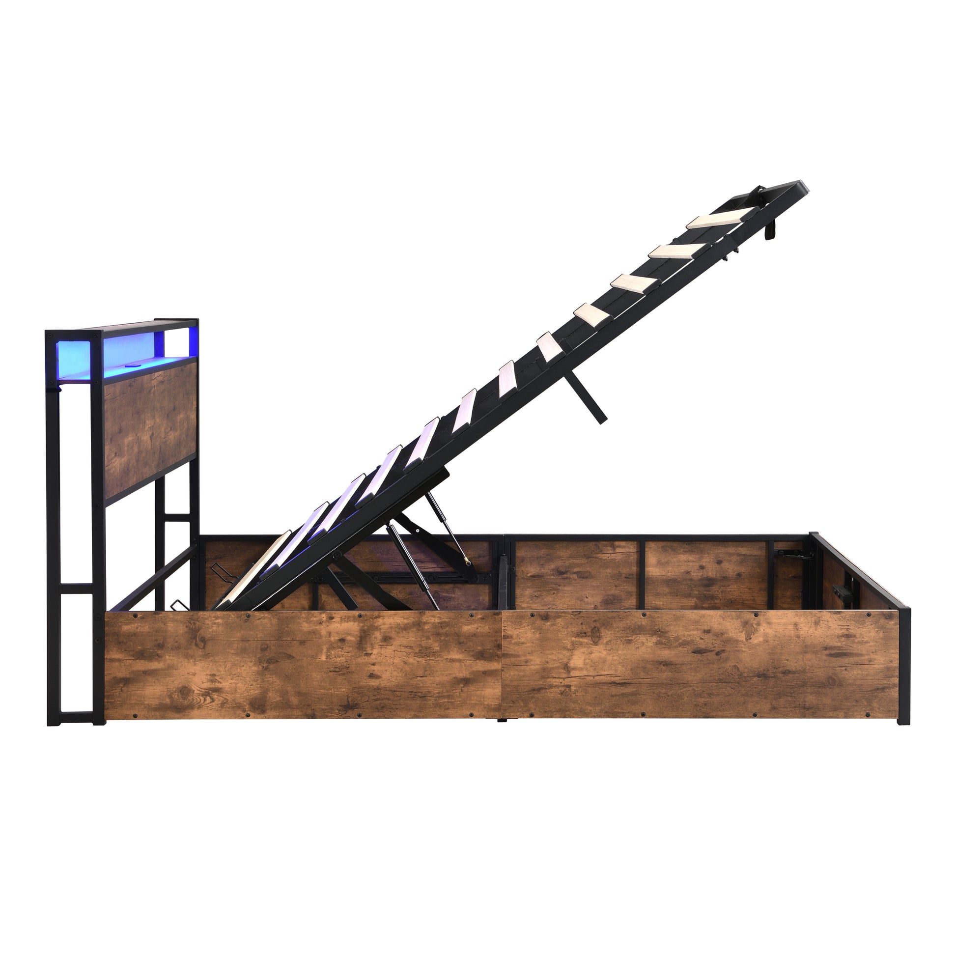 Lift Up Storage Bed Frame, Queen Size Bed Frame With Bookcase Headboard & Led Lights, Wooden Platform Bed Frame With Charging Station, No Spring Box Needed, Rustic Brown Box Spring Not Required Queen Rustic Brown Metal Brown Bedroom Industrial Bed Frame