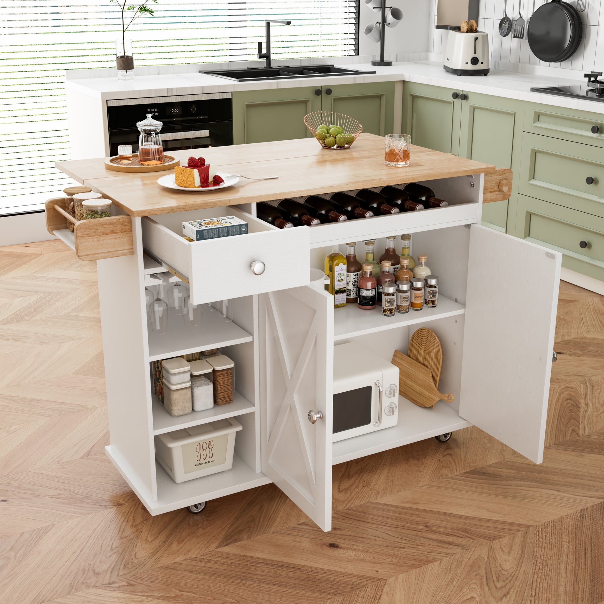 44 Inch Kitchen Island Cart With Solid Wood Top, Wine Storage, Spice Rack, Towel Rack, Wine Glass Holder, Rolling Kitchen Island Table On Wheels, Tool Free Installation, White & Oak White Solid Wood Mdf