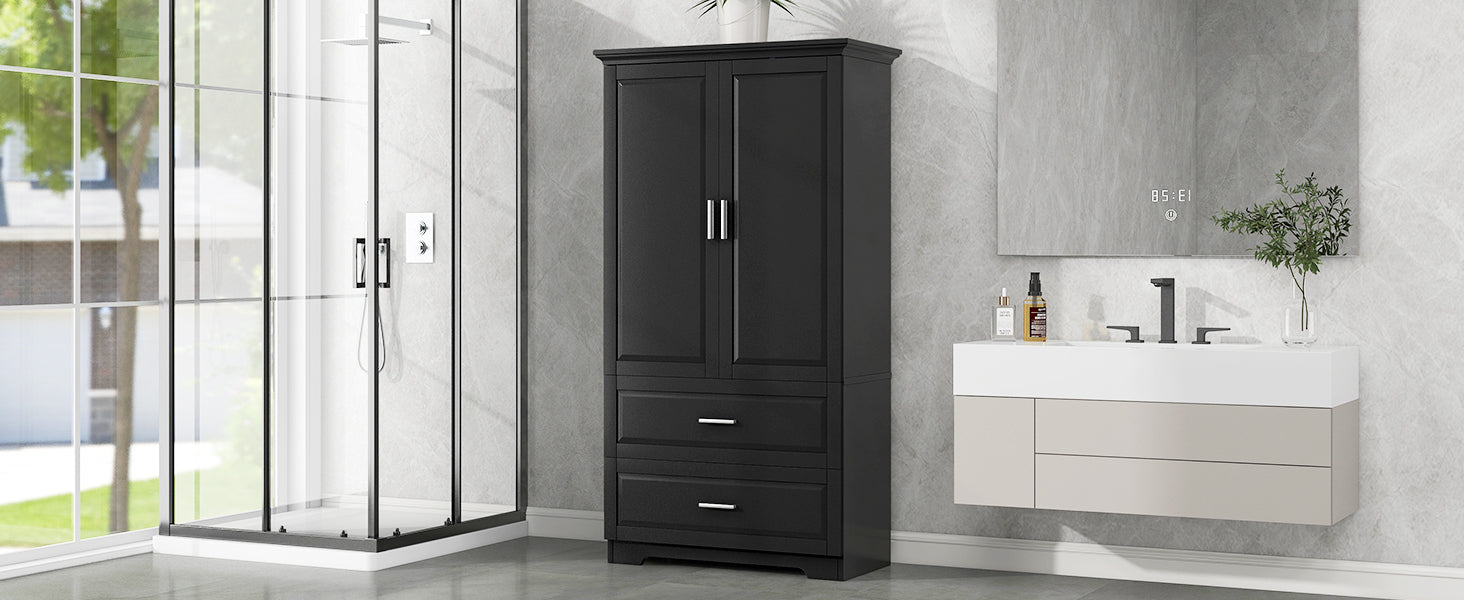 Tall Bathroom Storage Cabinet, Cabinet With Two Doors And Drawers, Adjustable Shelf, Mdf Board, Black Black Mdf