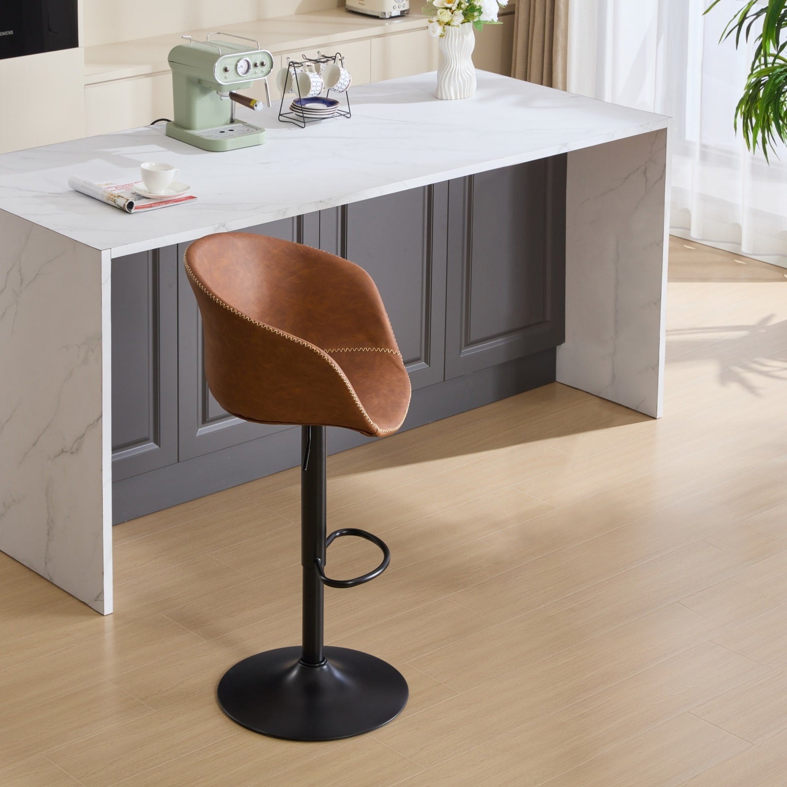 Adjustable Swivel Bar Stools, Mid Century Modern Pu Leather Upholstered Counter Height Bar Stool, Kitchen Island Barstools With Minimalism Style, 1 Chair 1Carton,Brown Brown Pu Mid Century Modern,Minimalist Bar Stools 1 Foam Pu Leather