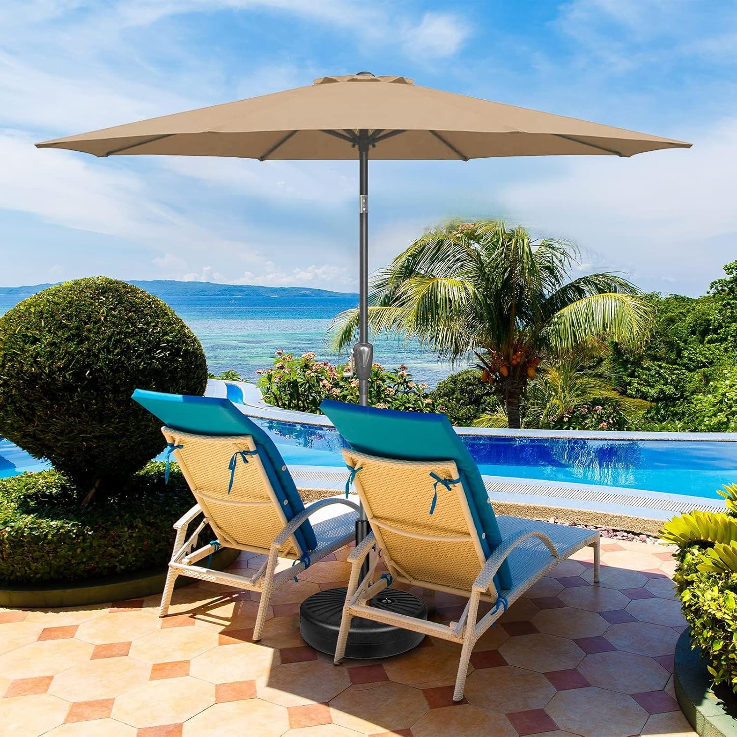 9Ft Outdoor Patio Umbrella Table Market Umbrella With Push Button Tilt And Crank, 8 Sturdy Ribs, Uv Protection Waterproof For Garden, Lawn, Deck, Backyard, Pool,Tan Tan Polyester