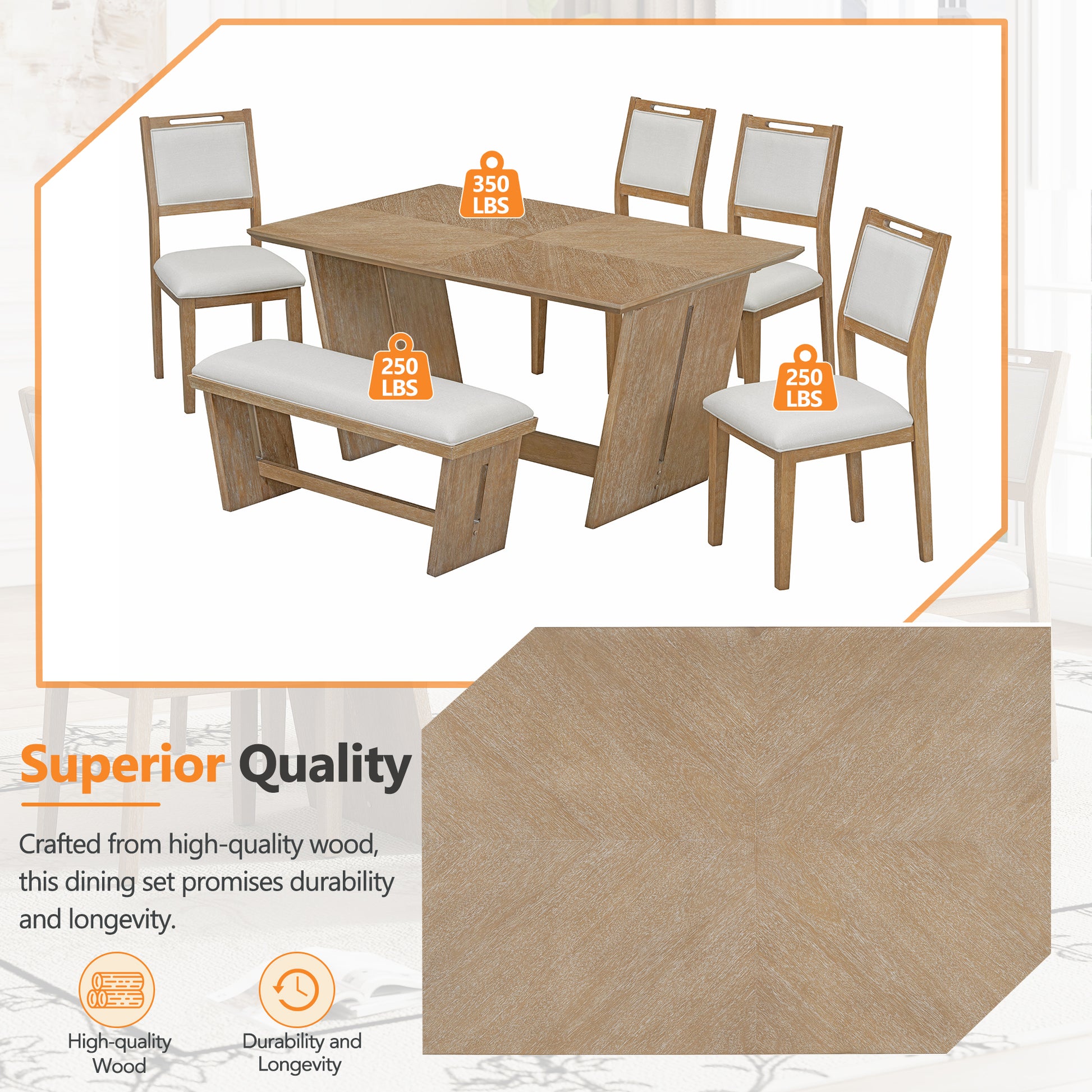 6 Piece Retro Dining Set, 1 Rectangular Table With Stable Trapezoidal Table Base And 4 Upholstered Chairs And 1 Bench For Dining Room And Kitchen Natural Wood Wash Natural Wood Wash Solid Wood Mdf