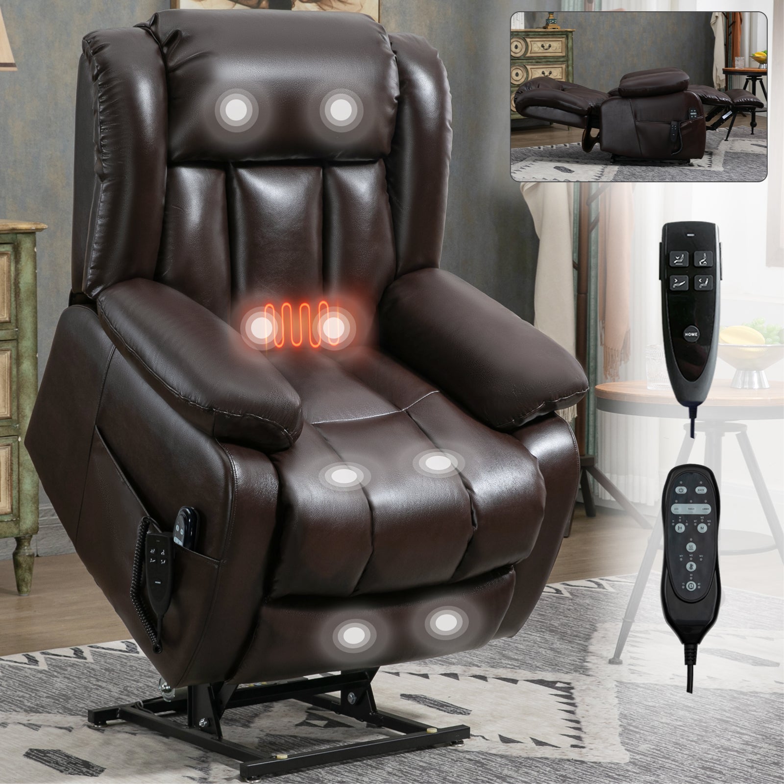 Dual Motor Infinite Position Up To 350 Lbs Electric Medium Size Brown Power Lift Recliner Chair With 8 Point Vibration Massage And Lumbar Heating White Metal Primary Living Space Heavy Duty Pine