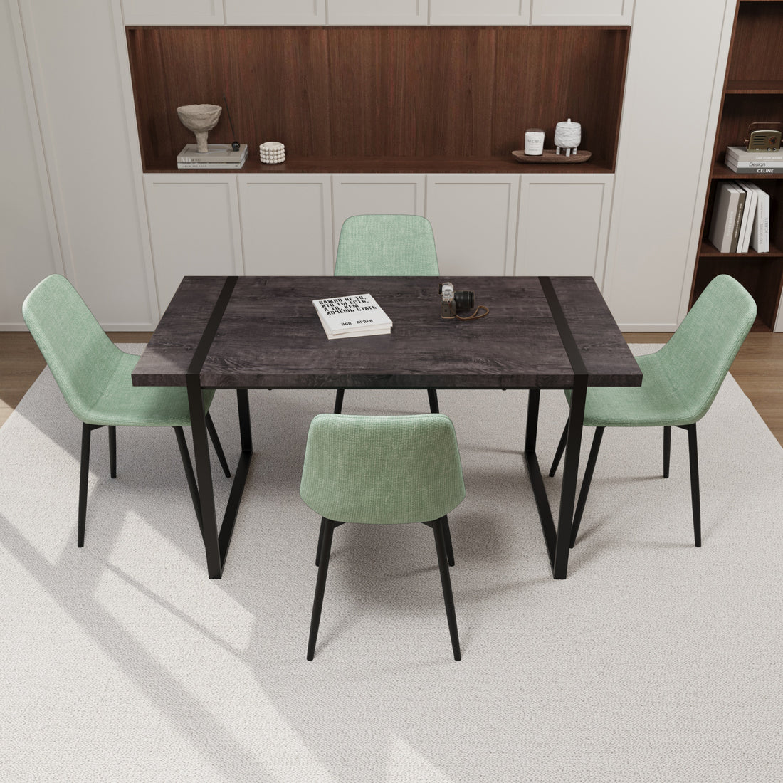 Mdf Black Wooden Dining Table And Modern Dining Chair 4 Piece Set, Medieval Wooden Kitchen Dining Table Set, Rectangular Metal Base, Dining Table And Suede Chair Brown Green Mdf