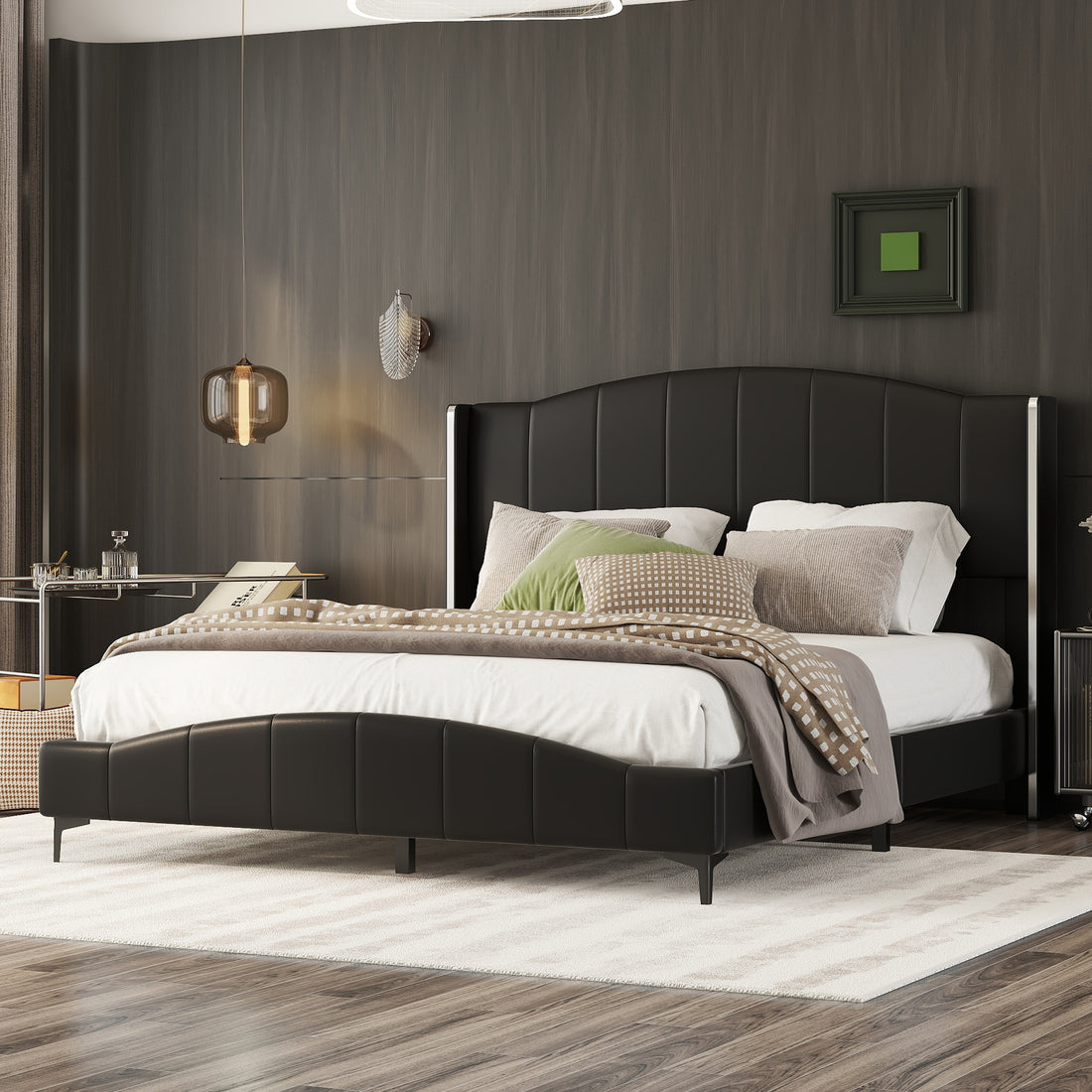 Queen Size Pu Leather Upholstered Platform Bed, Headboard With Wingback And Metal Bar Accents, No Box Spring Required, Black Queen Black Pu