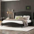 Queen Size Pu Leather Upholstered Platform Bed, Headboard With Wingback And Metal Bar Accents, No Box Spring Required, Black Queen Black Pu