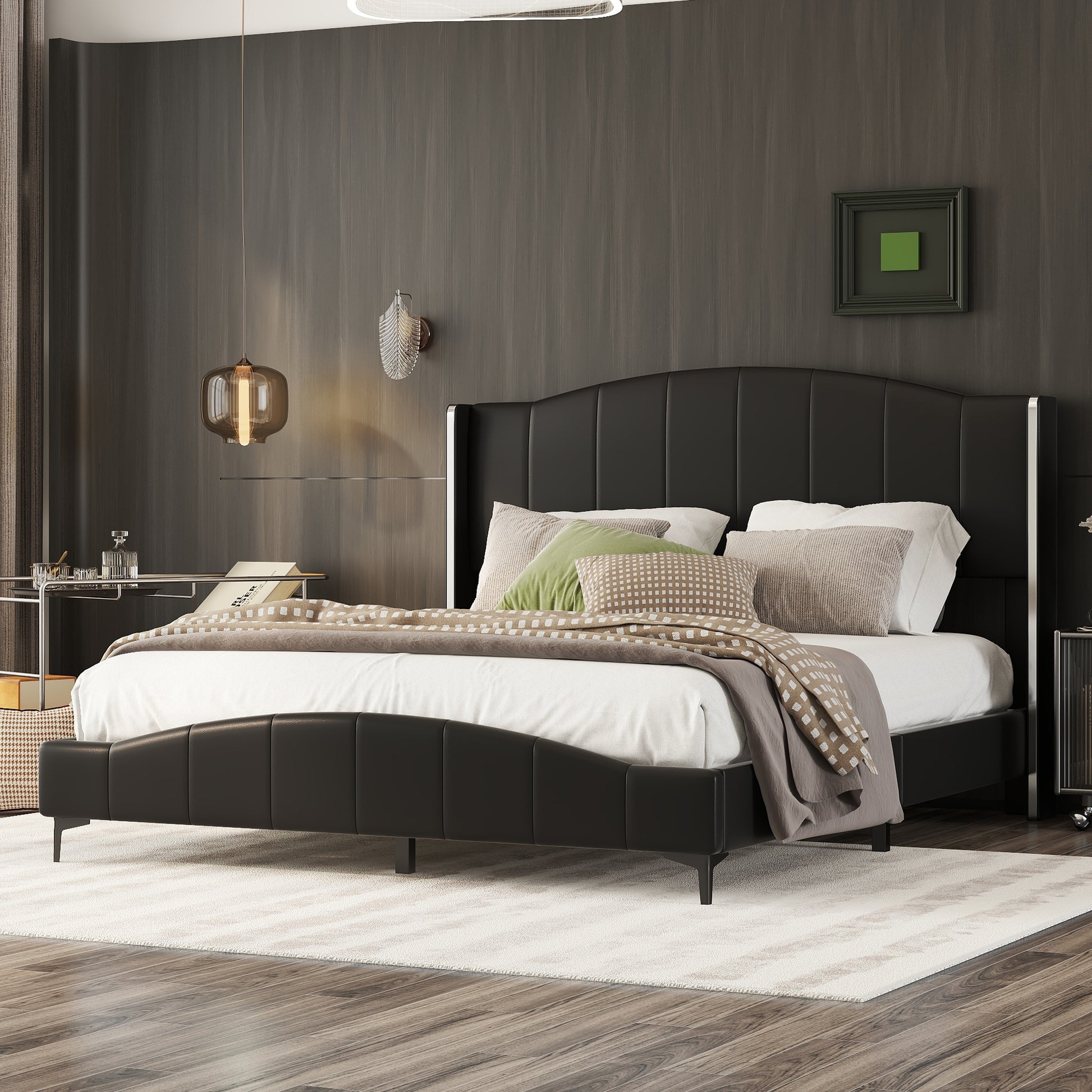Queen Size Pu Leather Upholstered Platform Bed, Headboard With Wingback And Metal Bar Accents, No Box Spring Required, Black Queen Black Pu