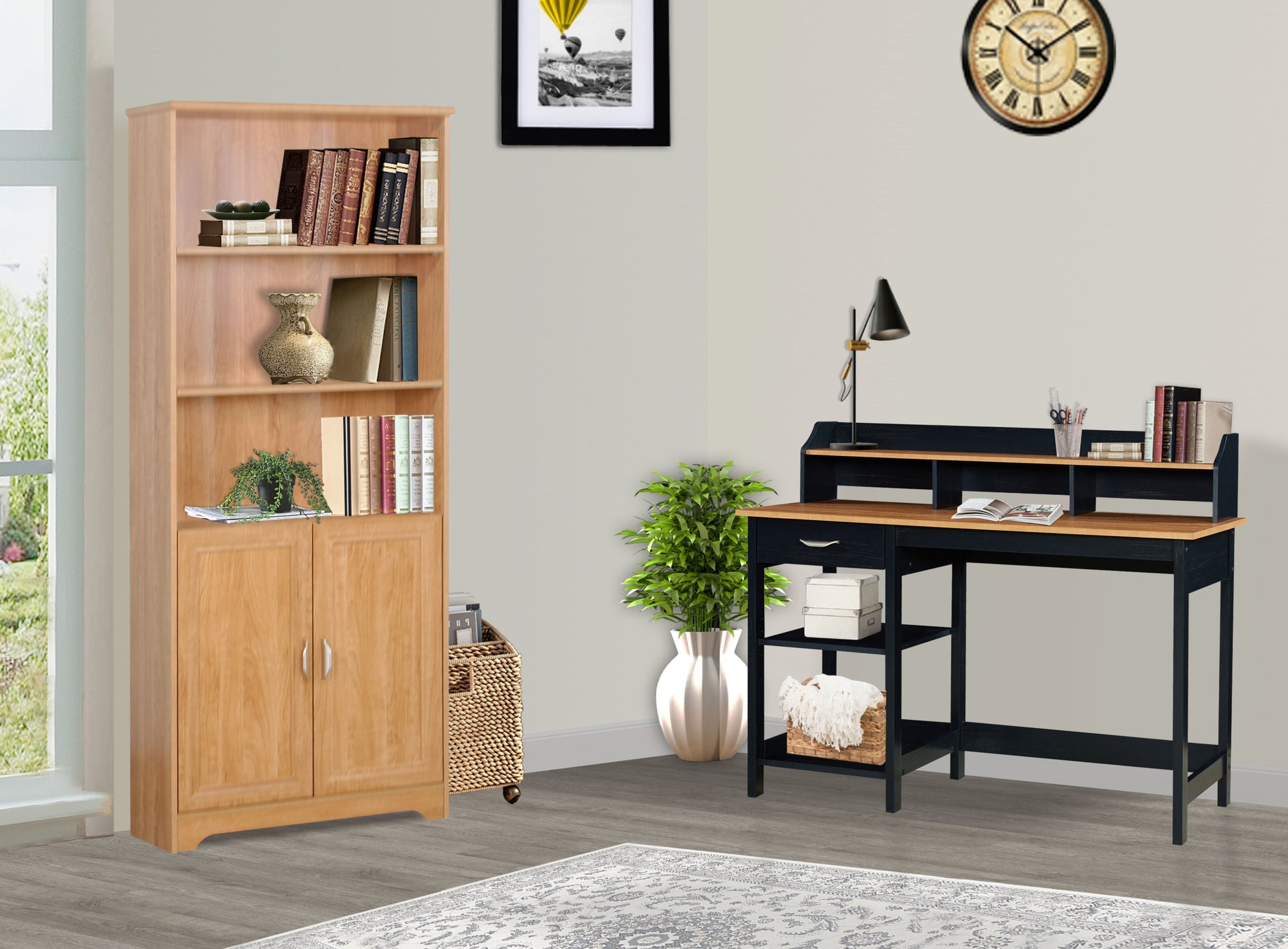 47" Writing Desk With Hutch "Home Office Writing Desk In Honey Maple & Antique Black Spacious Dual Tone Workstation With Drawer And Open Shelves" Antique Black Solid Wood