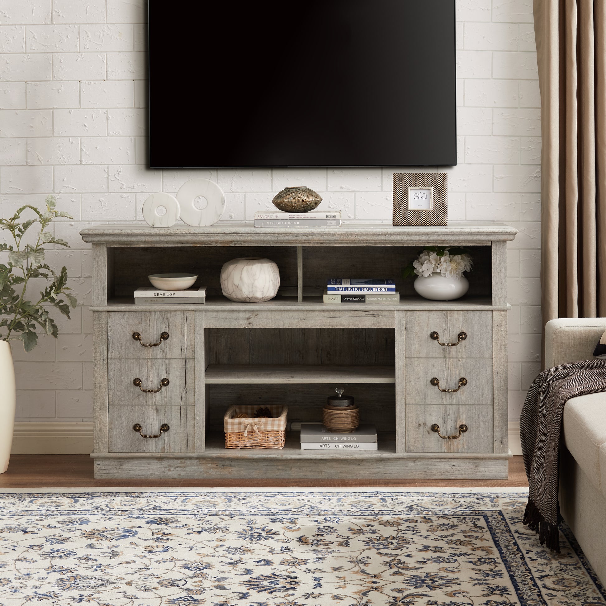 Vintage Drawer Traditional Tv Media Stand Farmhouse Rustic Entertainment Console For Tv Up To 65" With Open And Closed Storage Space, 60"W*15.75"D*34.25"H Light Gray Light Gray 60 69 Inches Mdf