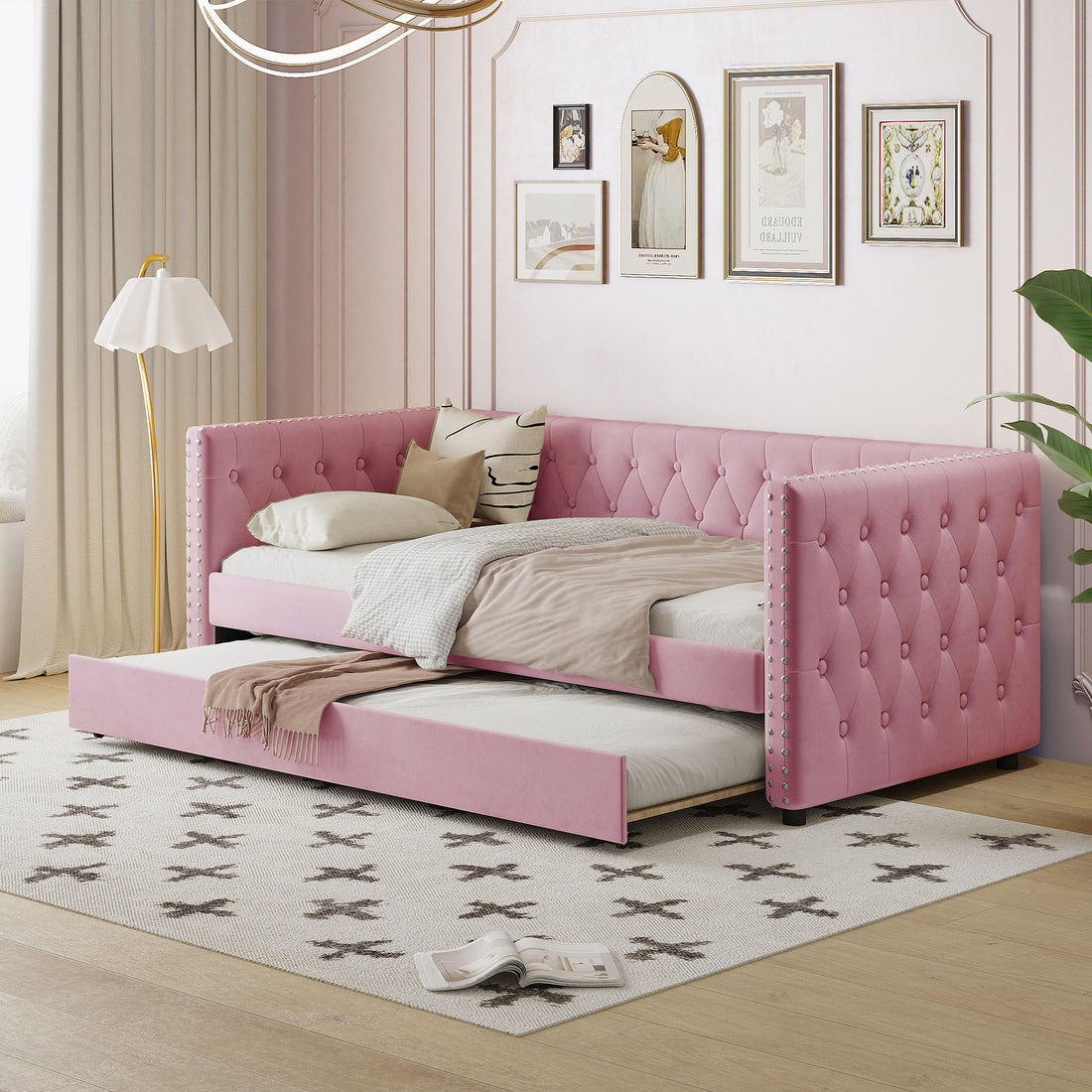 Twin Size Tufted Upholstered Daybed With Trundle, Velvet Sofabed With Rivet Design, No Box Spring Needed,Pink Twin Pink Velvet