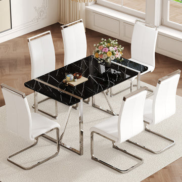 Table And Chair Set.A Rustic Industrial Rectangular Mdf Black Dining Table With Mdf Desktop And Electroplated Silver Metal Legs.Paried With 6 Chairs With Pu Cushion And Metal Legs. White Black Seats 6 Mdf Metal