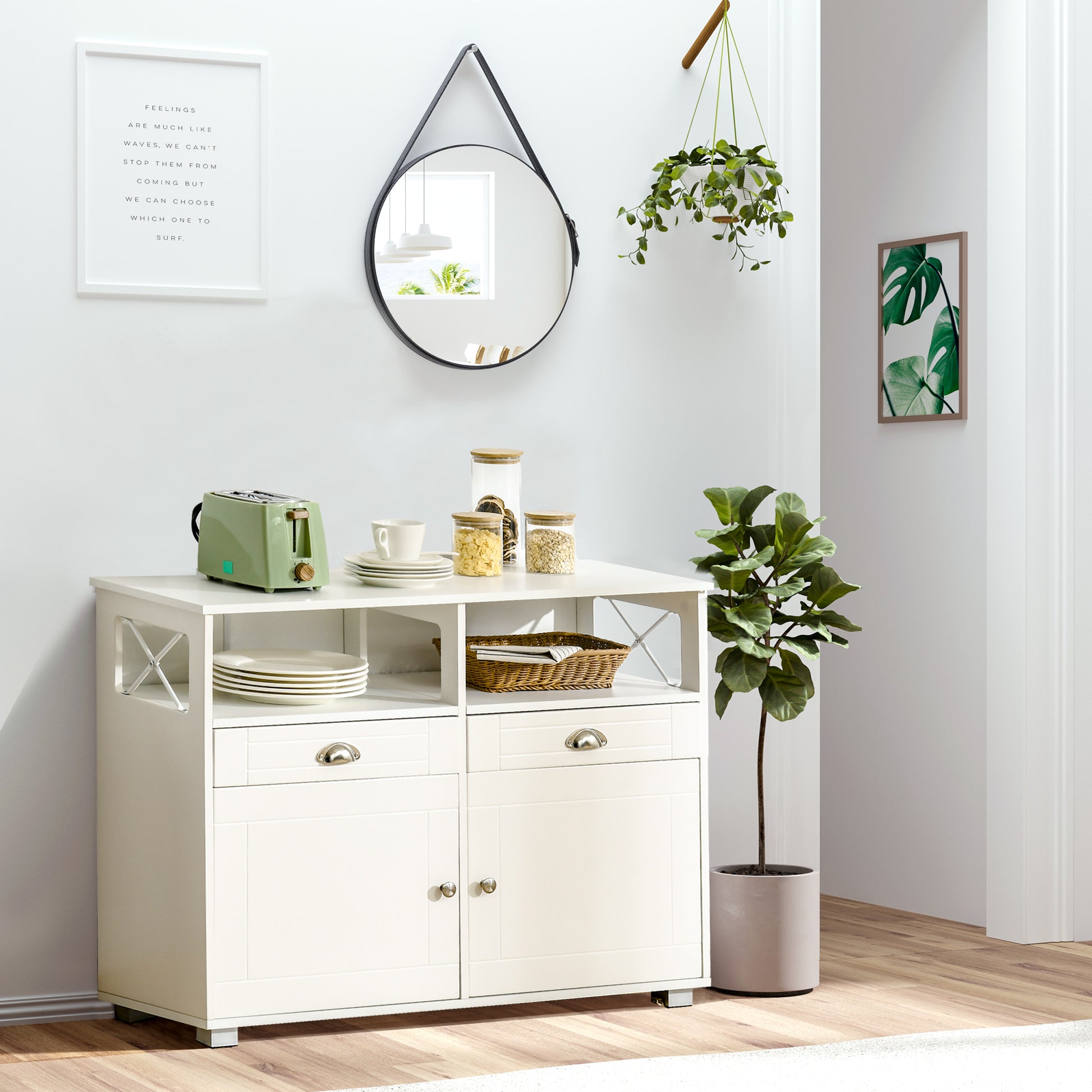 Homcom Sideboard Buffet Cabinet, Coffee Bar Cabinet, Kitchen Cabinet With Storage Drawers, Large Tabletop And Crossbar Side Design, White White Mdf