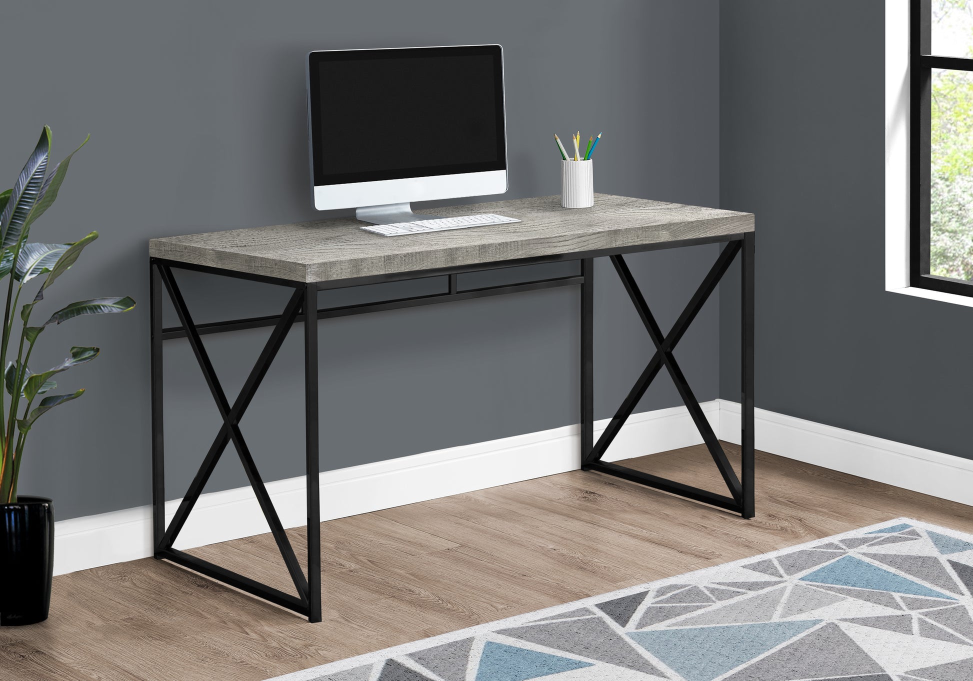 Computer Desk, Home Office, Laptop, Work, Grey Laminate, Black Metal, Contemporary, Modern Grey Particle Board