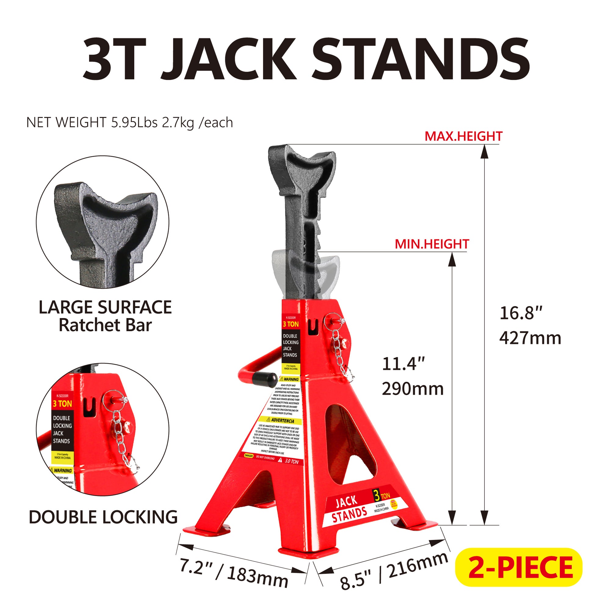 Floor Jack, 2 Ton Low Profile Floor Jack, 3T Jack Stand Tire Repair Kit L Wrench Heavy Duty Steel Racing Floor Jack With Single Piston Quick Lift Pump, Floor Jack Lifting Range 3.3" 15.2" Red Steel