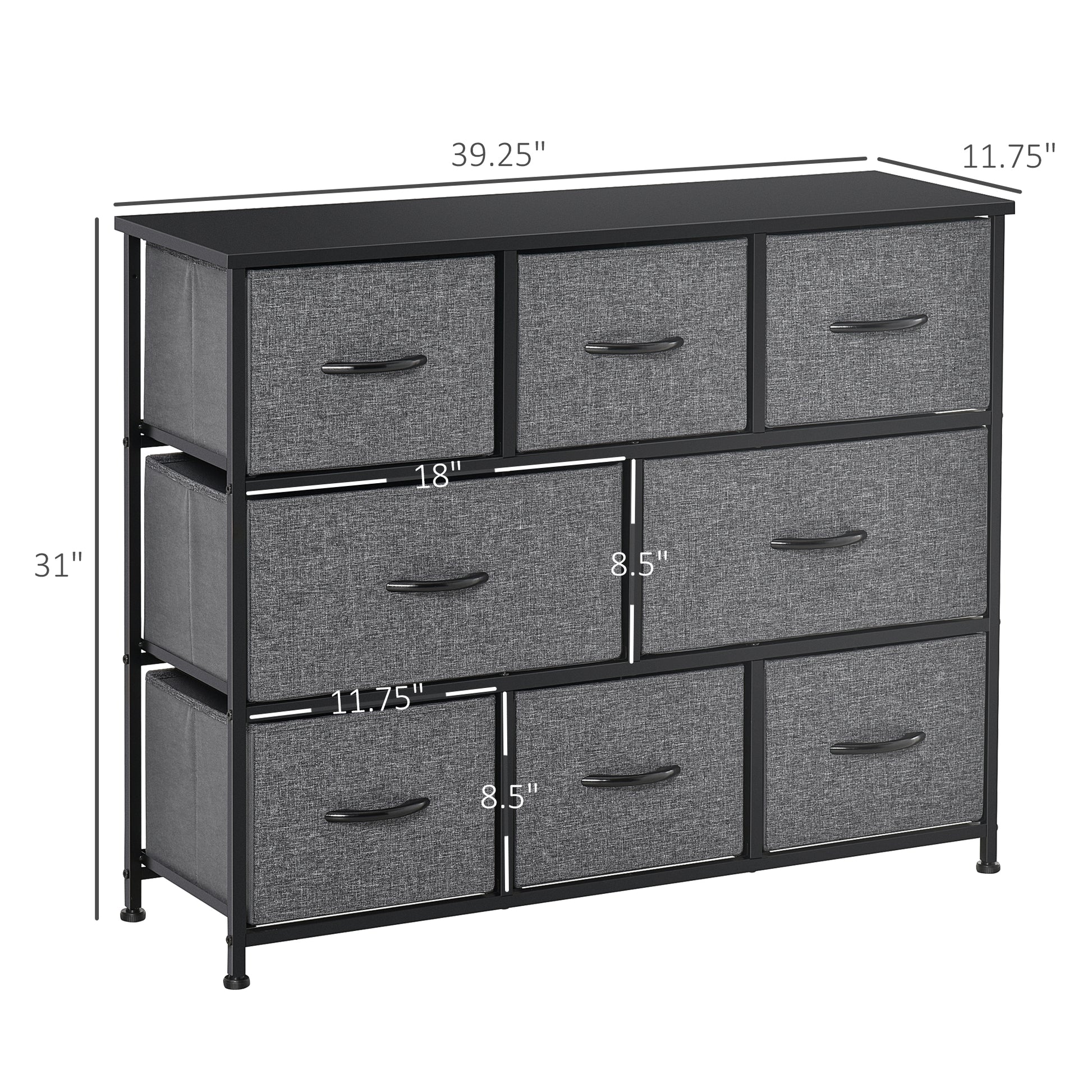 Homcom 8 Drawer Dresser, 3 Tier Fabric Chest Of Drawers, Storage Tower Organizer Unit With Steel Frame For Bedroom, Hallway, Dark Gray Dark Grey Engineered Wood