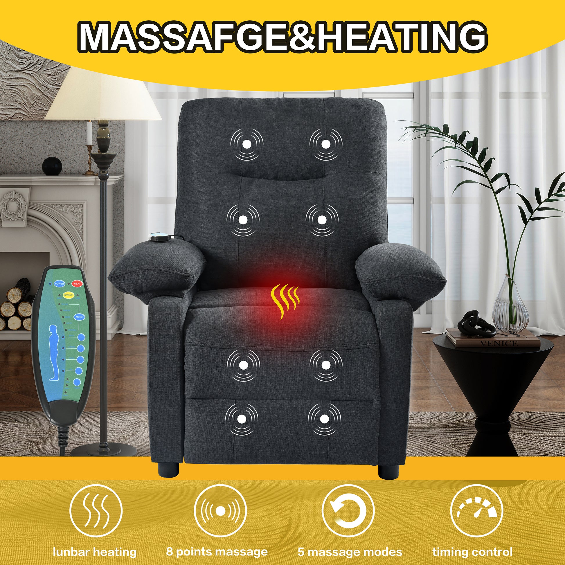 Recliner Chair With Message And Heater, Recliner Chair For Adult, Manual Control Message Chair Black Steel