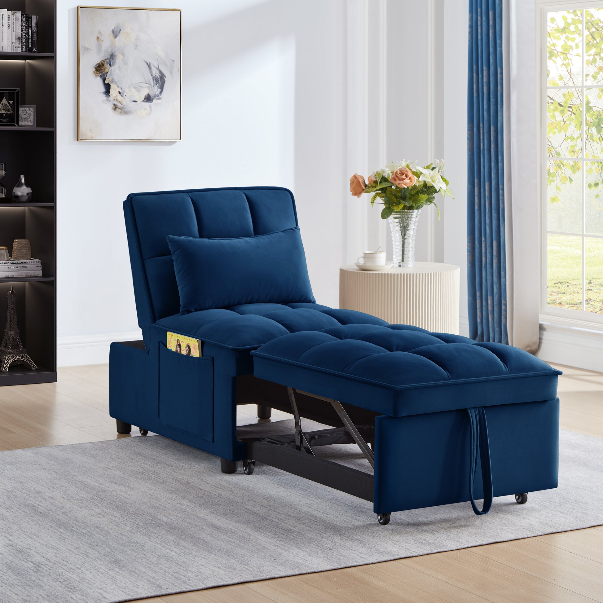 4 In1 Multi Function Single Sofa Bed With Storage Pockets,Tufted Single Pull Out Sofa Bed With Adjustable Backrest And Pillows ,Convertible Chaise Lounge, Navy Navy Velvet Metal Primary Living Space American Design Armless Foam Velvet 1 Seat