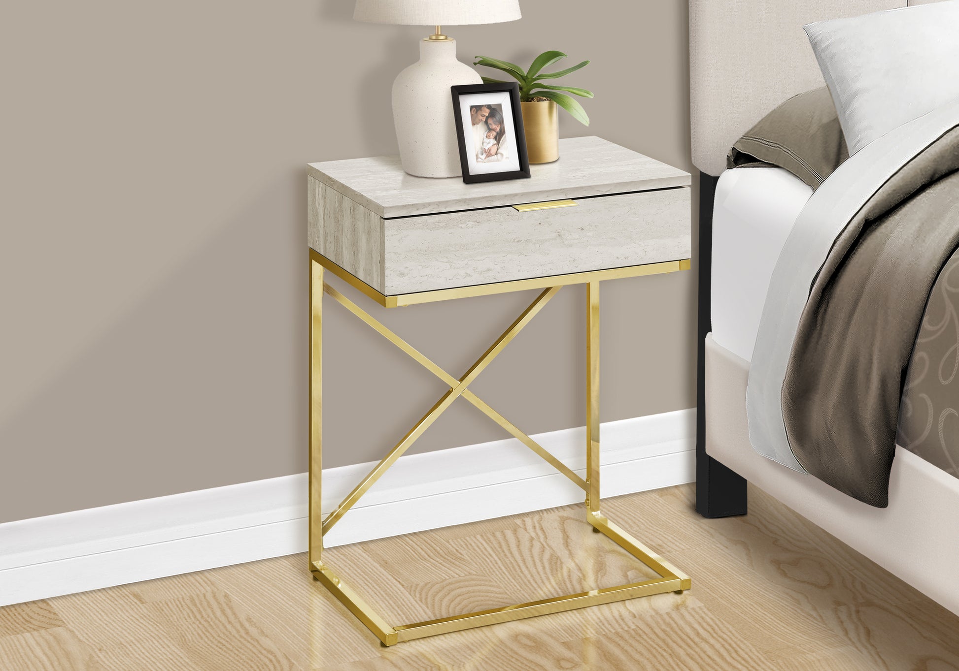 Accent Table, Side, End, Nightstand, Lamp, Storage Drawer, Living Room, Bedroom, Beige Marble Look Laminate, Gold Metal, Contemporary, Modern Beige Particle Board