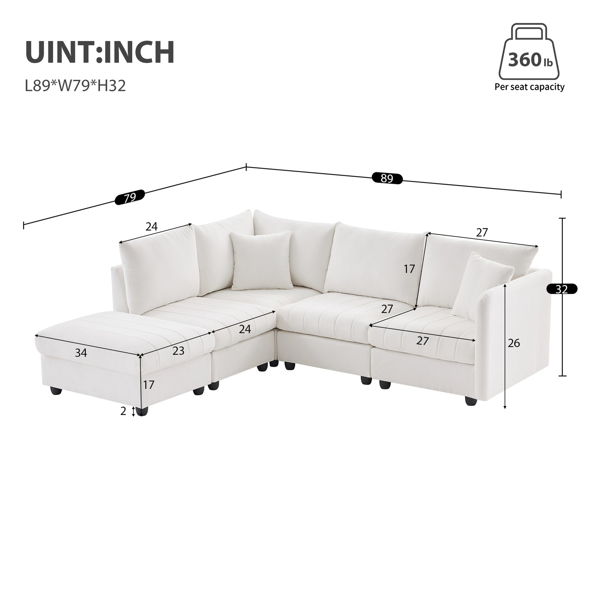 89*79"Modern Sectional Sofa With Vertical Stripes,2 Pillows,5 Seat Couch With Convertible Ottoman,Various Combinations,L Shape Indoor Furniture For Living Room,Apartment, 3 Colors White Fabric 5 Seat