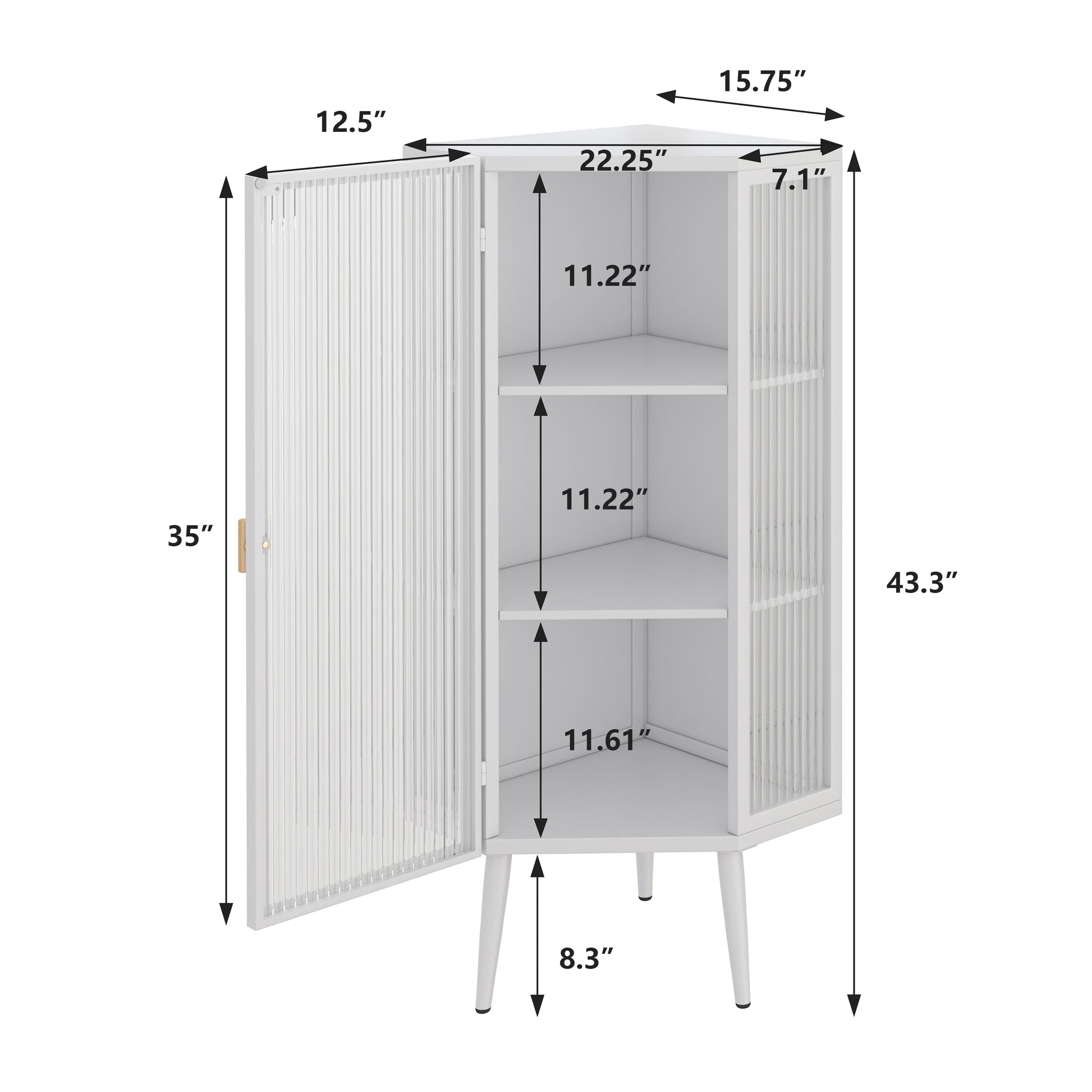 22.25'' Floor Coner Cabinet,Three Tiers With Tempered Glass Doors And Storage Shelves For Bathroom, Living Room And Bedroom White White Glass Metal