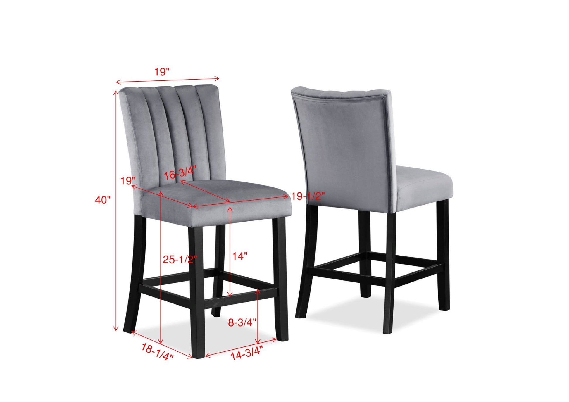 2Pc Casual Upholstered Counter Height Velvet Upholstery Chair Channel Tufted Back Wooden Dining Room Furniture Gray Black Black,Gray Dining Room Contemporary,Modern Bar Stools Tufted Back Set Of 2