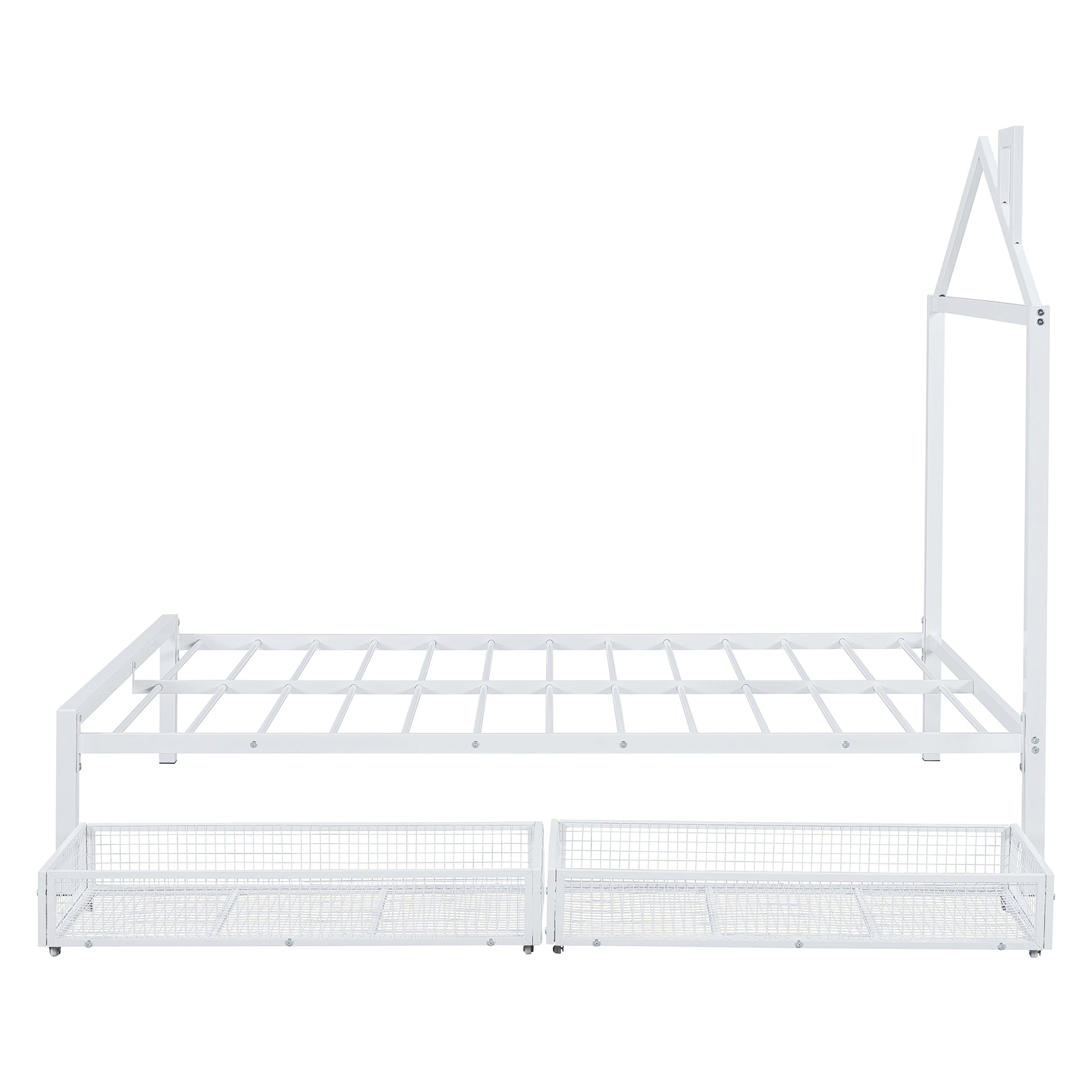 Full Size Metal Platform Bed With Two Drawers,House Shaped Headboard Design, White Full White Metal