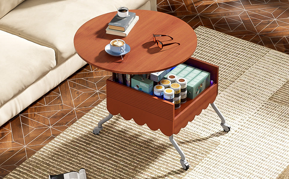 Round Lift Top Coffee Table With Wheels, Metal Frame And Multi Color Lighting In 27.6" Mahogany Glass,Mdf Metal