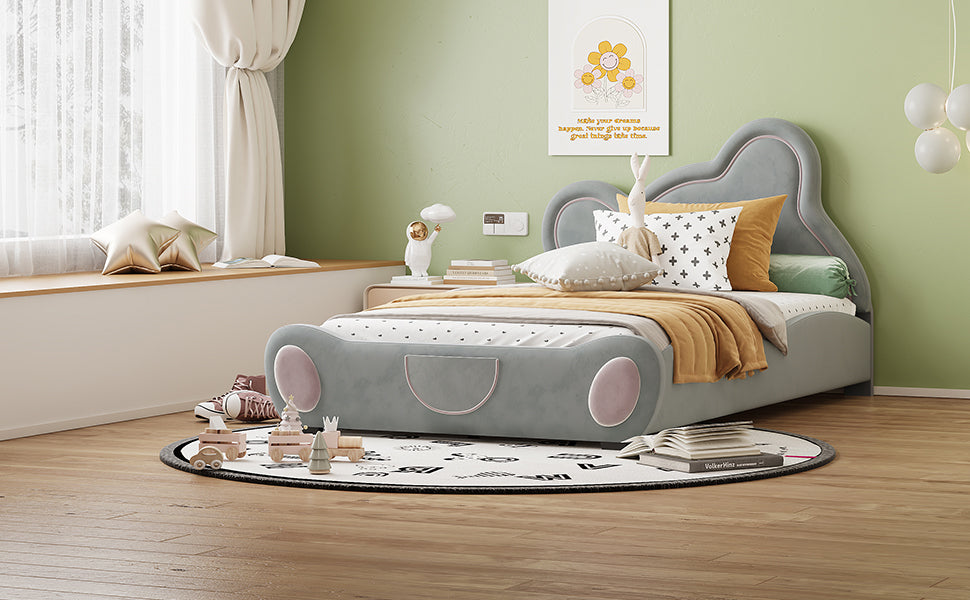 Twin Size Velvet Platform Bed With Bear Shaped Headboard, With Bed End Storage Pocket, Gray Twin Gray Plywood