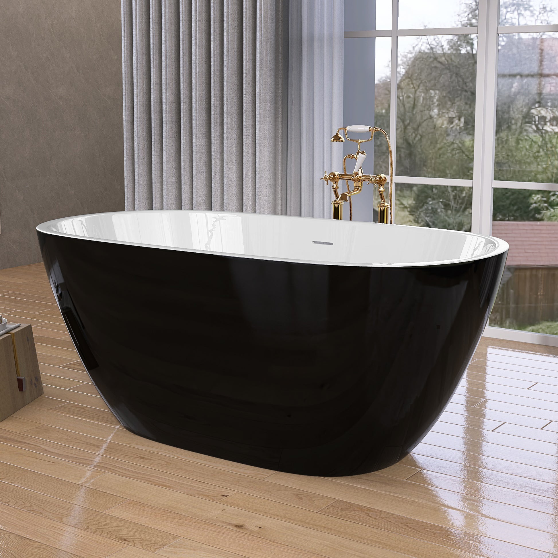 55 Inch Acrylic Freestanding Bathtub Modern Stand Alone Soaking Bathtub With Overflow And Pop Up Drain Gloss Black Black White Oval Bathroom Freestanding Tubs Polished Less Than 59 In Contemporary,Modern Soaking Center Fiberglass Acrylic