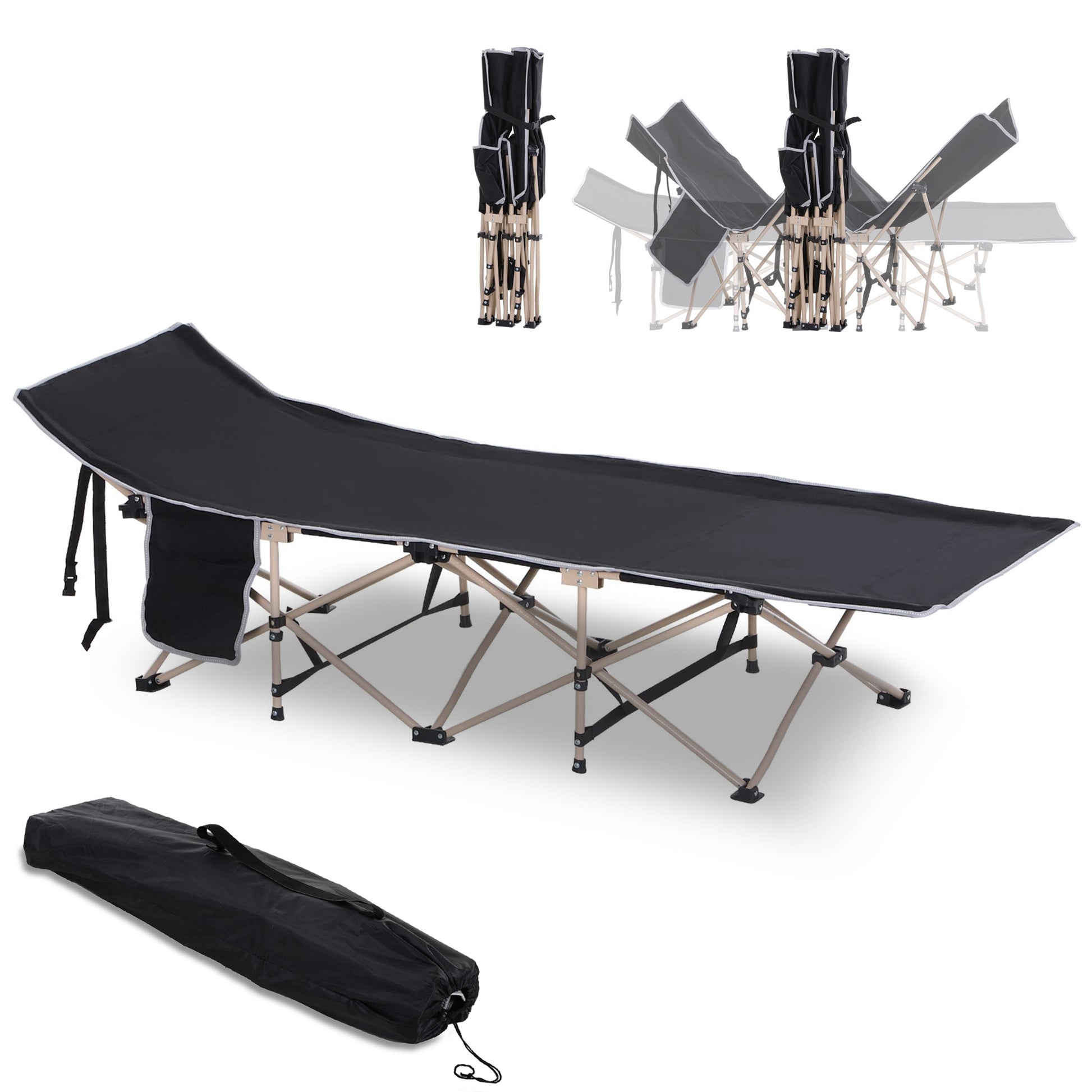 Outsunny Folding Camping Cot For Adults With Carry Bag, Side Pocket, Outdoor Portable Sleeping Bed For Travel, Camp, Vacation, 330 Lbs. Capacity, Black Black Steel