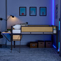 Single Metal Loft Bed With Rectangular Desk, Led Lights, Led Loft Bed Frame Double Bed With Storage Shelves And Hanging Storage Compartments, Safety Guard And Ladder, No Box Springs Required, Rattan G Twin Black Natural Mdf Iron