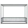 Twin Size Canopy Frame Floor Bed With Fence, Guardrails,Grey Twin Grey American Design Pine