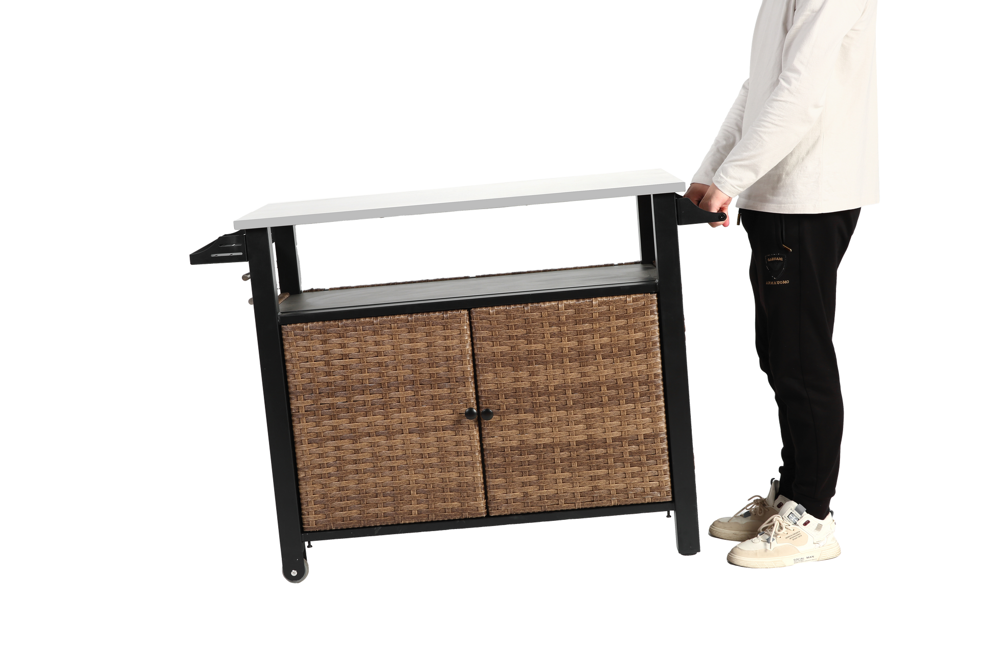 Outdoor Kitchen Wicker Island Rolling Cart & Storage Cabinet, Wheels And Stainless Steel Extended Table Top, Side Handle For Patio Kitchen Or Bar Cart, Brown No Brown Garden & Outdoor Steel