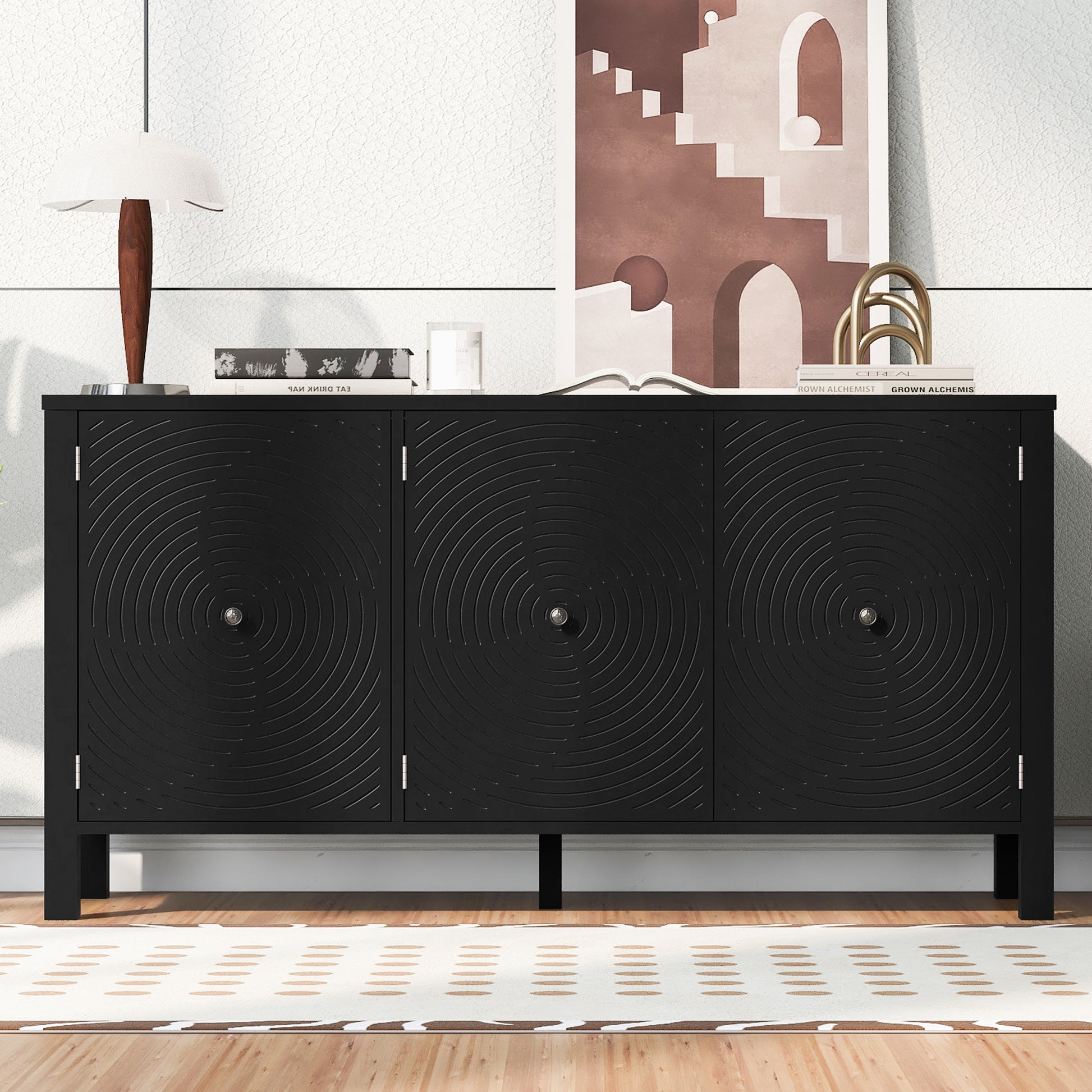 Sideboard With Curved Swirl Patterned Doors And Artistic Three Door Design,Suitable For Living Rooms,Entrance And Study Black Primary Living Space American Design Mdf