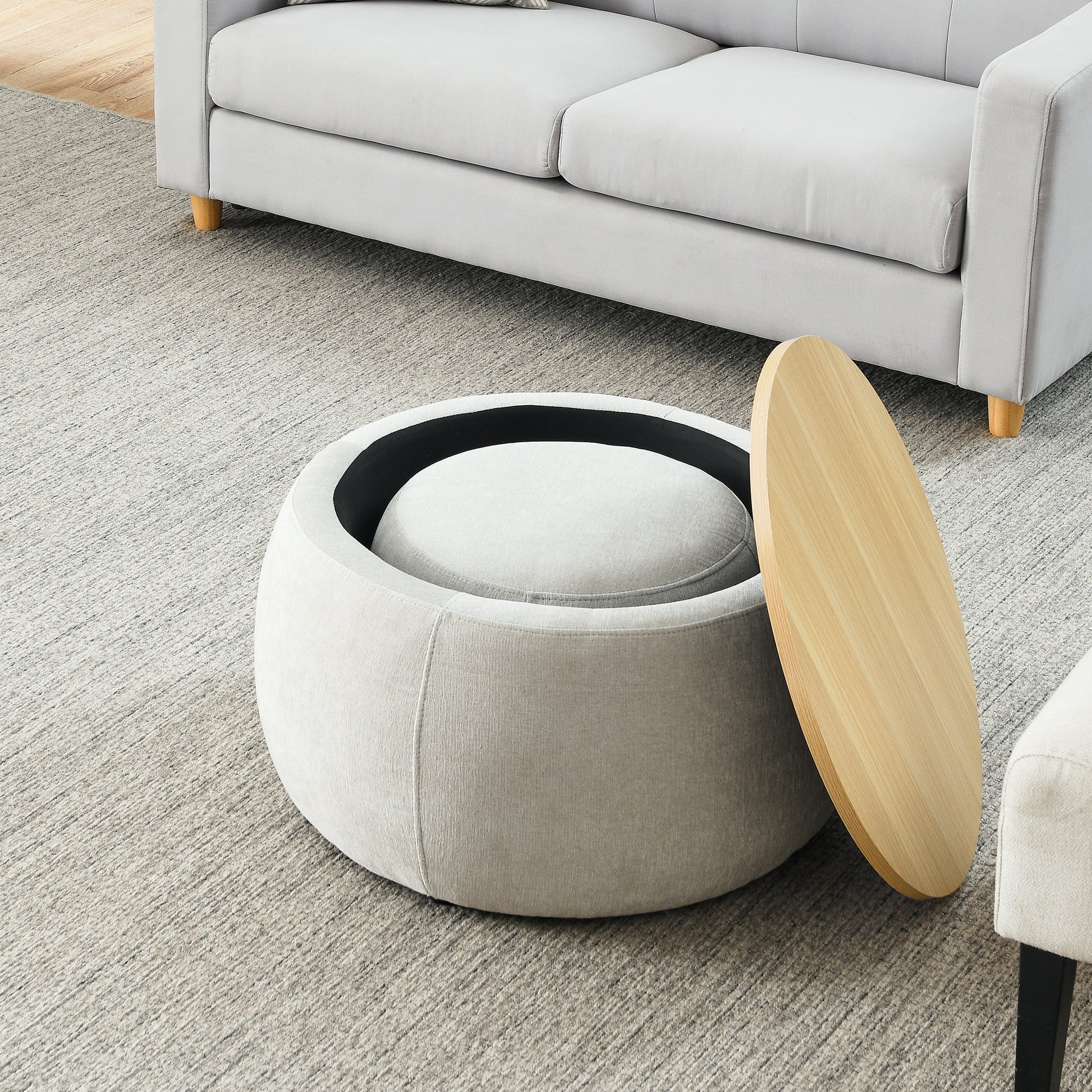 Round Storage Ottoman, 2 In 1 Function, Work As End Table And Ottoman,With Small Seat,Light Grey 25"X25"X14.7" Light Grey Foam