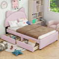 Twin Size Upholstered Platform Bed With Cartoon Ears Shaped Headboard And 2 Drawers, Pink Box Spring Not Required Twin Pink Wood Bedroom Bed Frame Faux Leather Upholstered