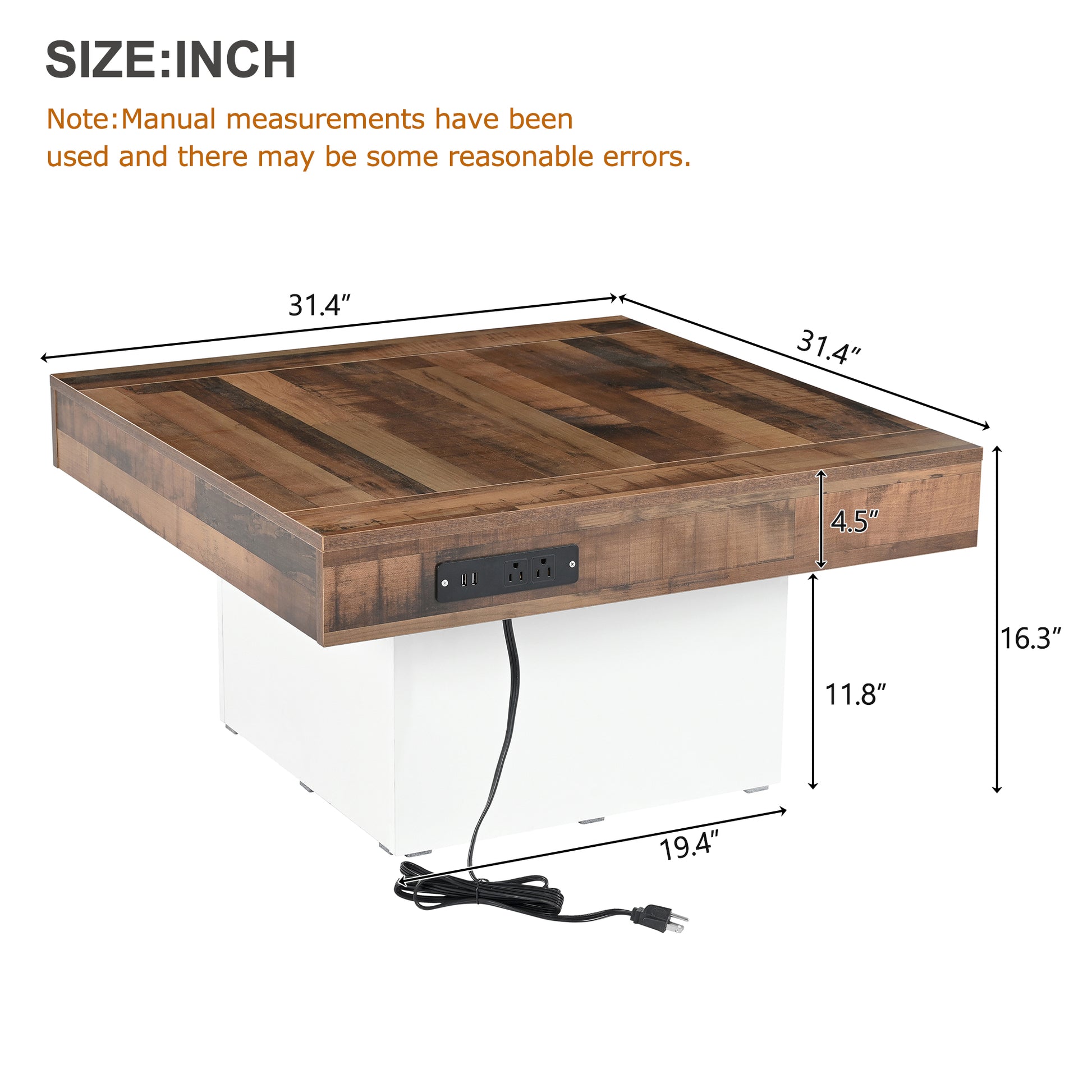 31.4'' X 31.4'' Farmhouse Coffee Table With 2 Usb Ports And Outlets, Brown Spliced Wood Grain Center Table With Led Light, Rustic Cocktail Table With Charging Station For Living Room, White White Primary Living Space Square Particle Board