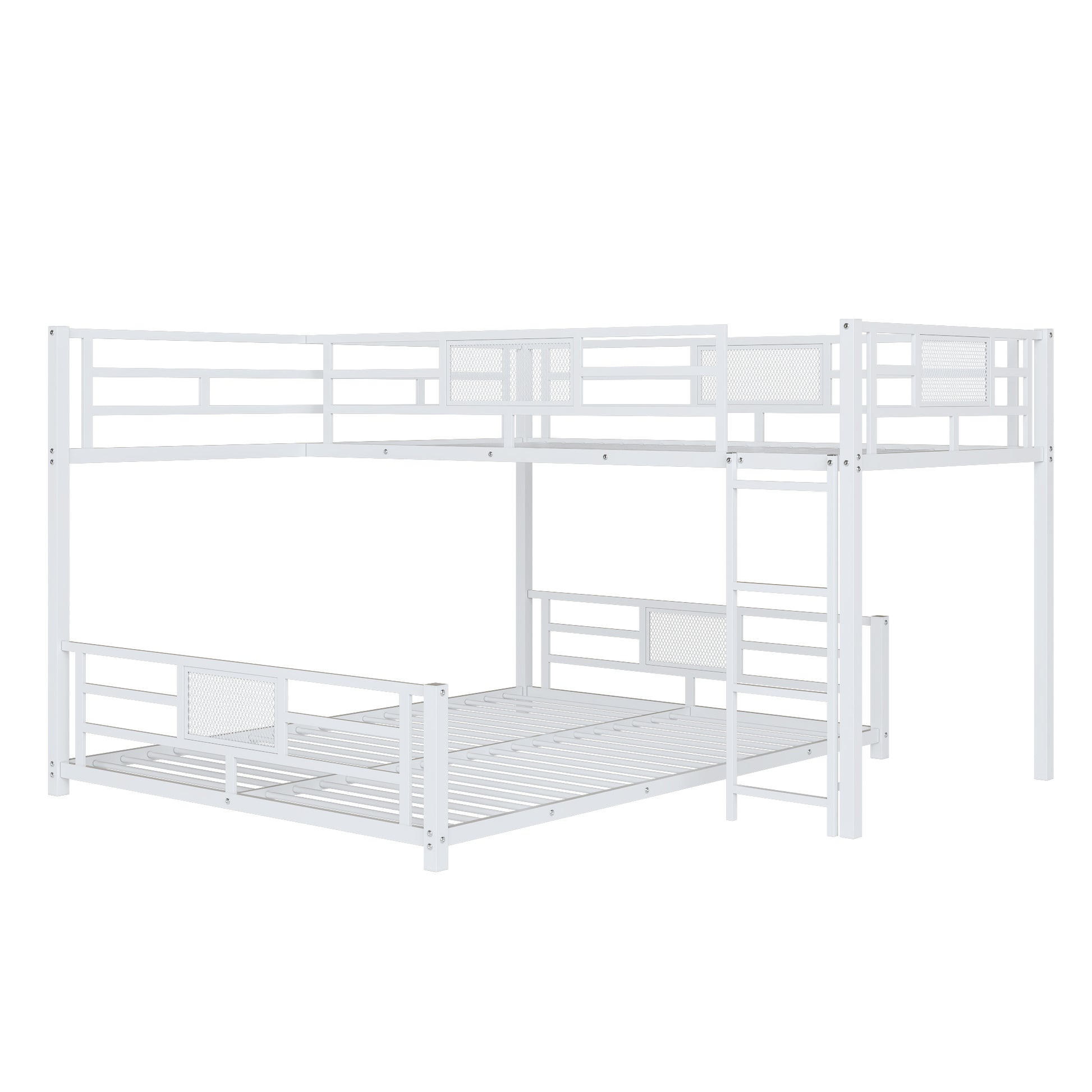 L Shaped Metal Twin Over Full Size Bunk Bed, White Box Spring Not Required White Metal Metal