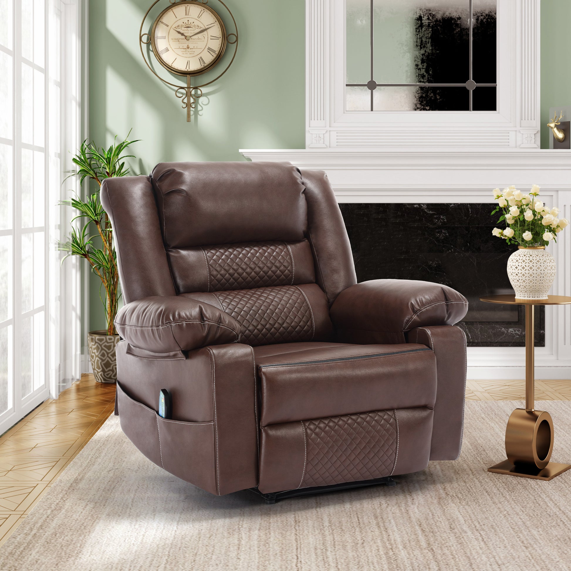 Leather Massage Recliner Chair Manual Living Room Reclining Sofa Brown Faux Leather Manual Handle Metal Primary Living Space Soft Cushion Back Heavy Duty American Design,American Traditional,Antique,Classic Pillow Top Arms Foam Pu Leather