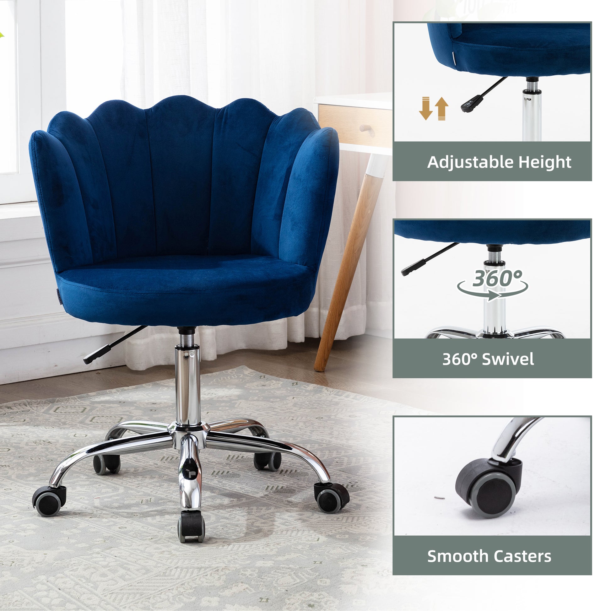 Coolmore Velvet Home Office Chair With Silver Base, Modern Cute Shell Back Upholstered Desk Chair For Vanity, Adjustable Swivel Task Chair For Office Navy Velvet Navy Foam Metal