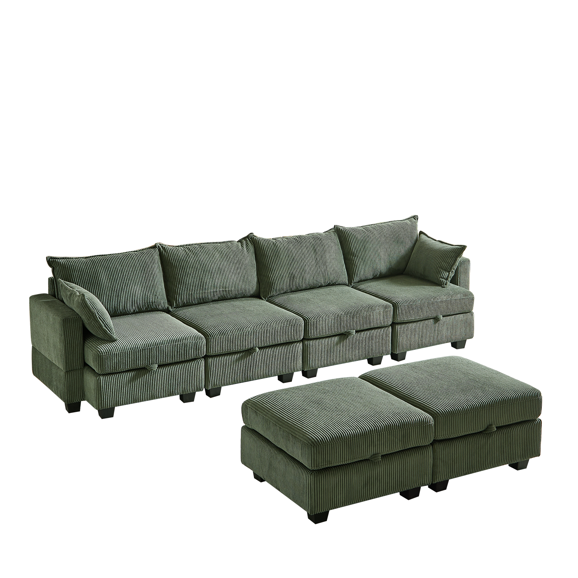 113.5'' Modular Sectiona Corduroy Sofa, Sectional Couches For Living Room U Shaped Sectional Couch With Storage Ottoman, 6 Seats Convertible Sectionals With Chaise Green Corduroy 6 Seat