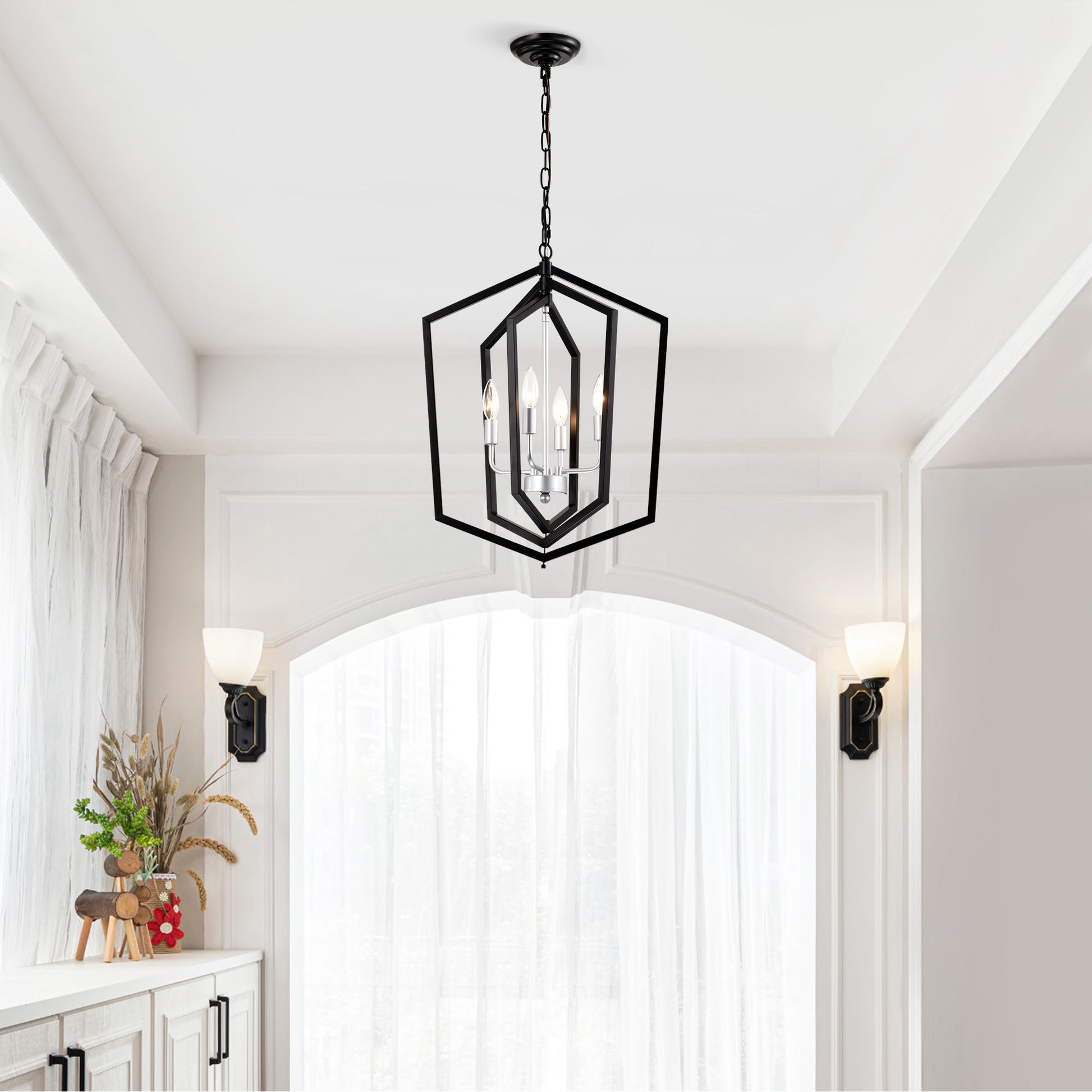 4 Light Farmhouse Kitchen Chandeliers, Matte Black And Sliver Vintage Rustic Cage Light Fixture Adjustable Height Chandeliers For Dining Room Hallway Foyer Entryway E12 Bulbs Not Included Matte Black American Design,Luxury,Modern,Vintage Metal Metal