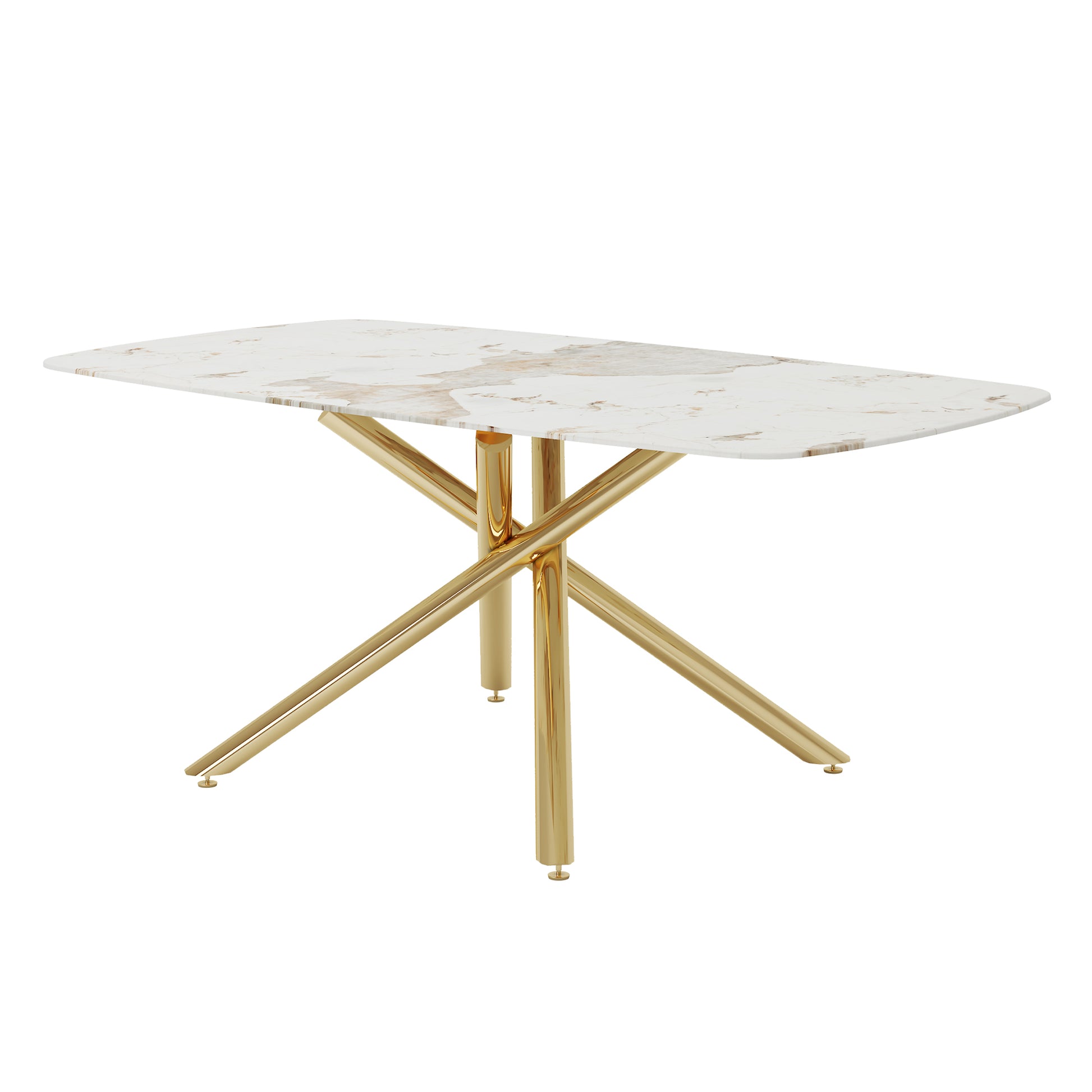 Table And Chair Set.Modern Luxurious Tempered Glass Dining Table Set With Gold Metal Legs And 8 Pu Chairs.White Marble Patterned Sticker Tabletop,Black Chairs With Gold Metal Legs. Black Gold Seats