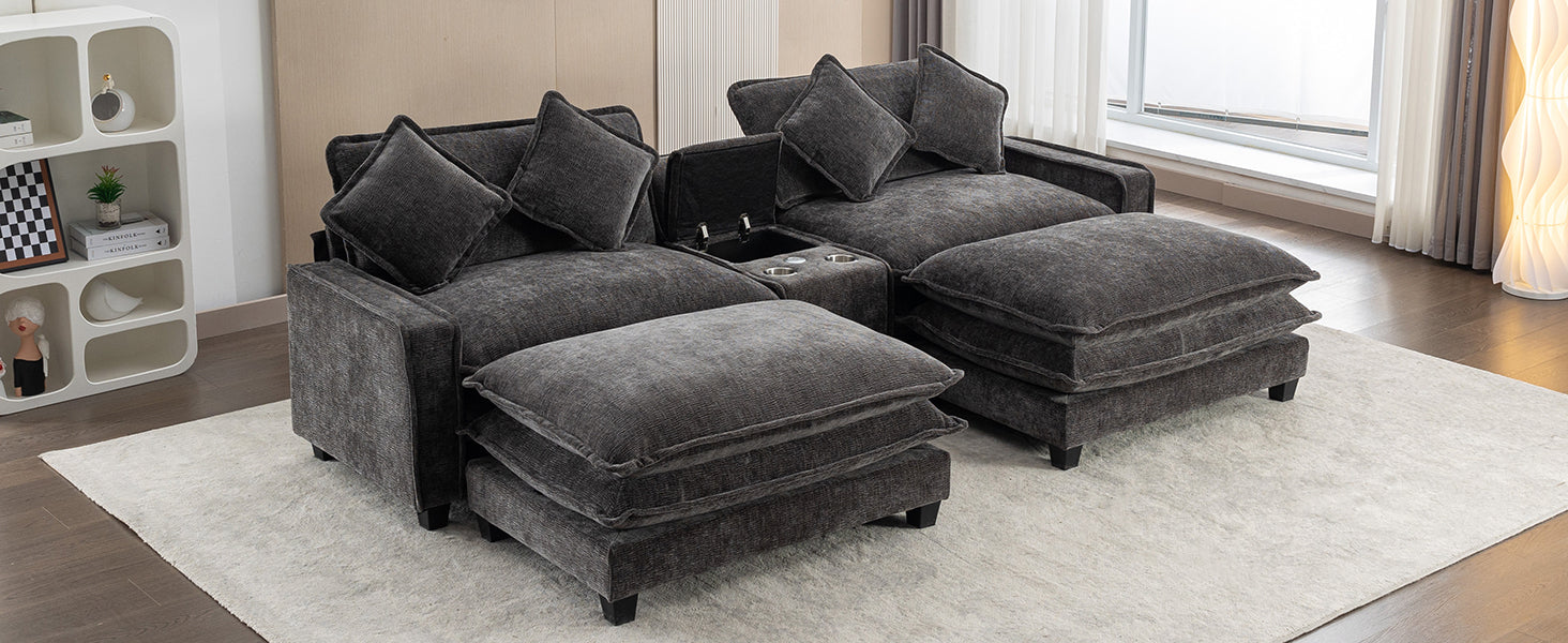 112.6" Sectional Sofa Chenille Upholstered Sofa With Two Removable Ottoman, Two Usb Ports, Two Cup Holders And Large Storage Box For Living Room, Black Black Foam Chenille 2 Seat